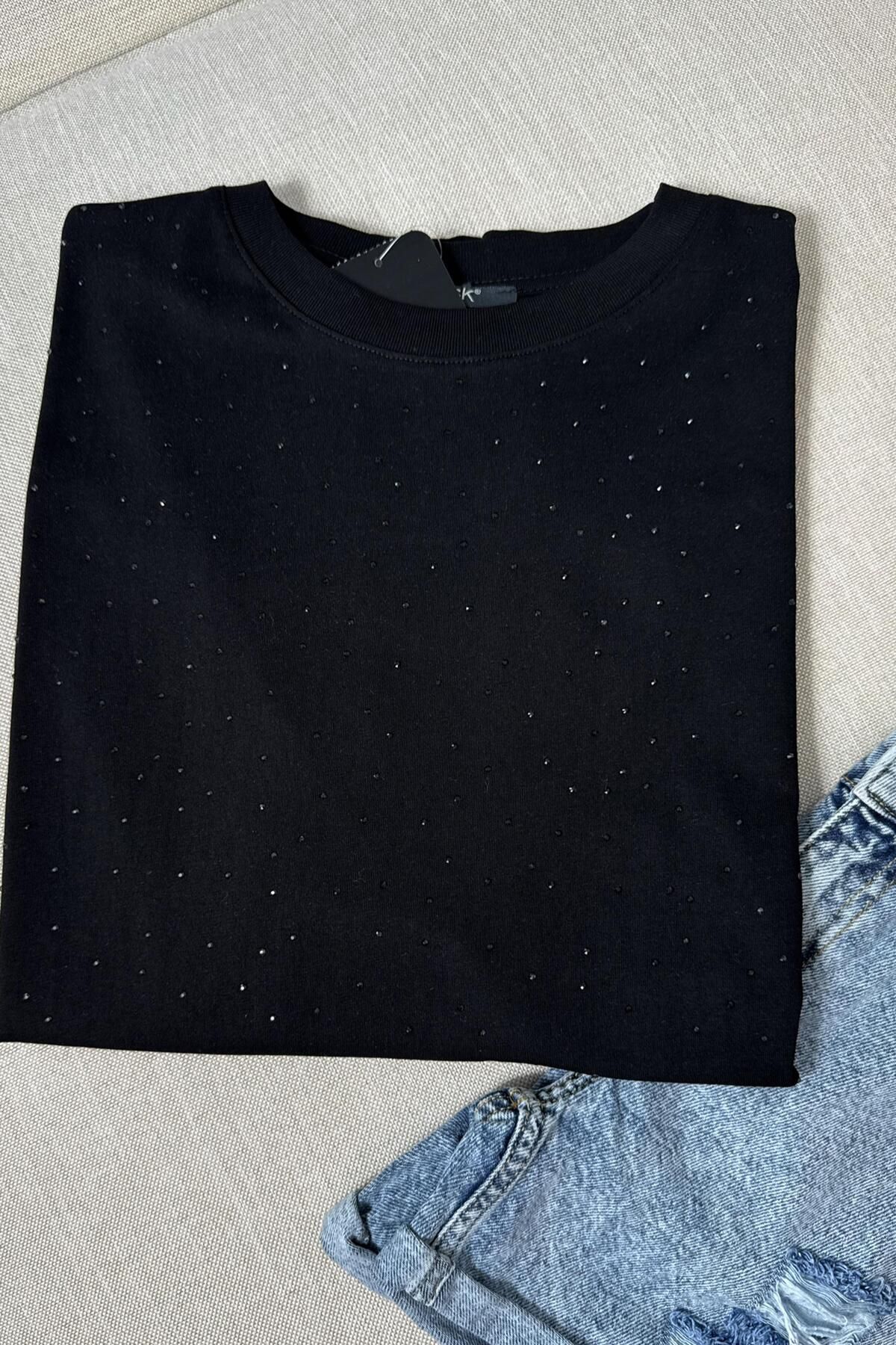 Butik Gardrop Kalite Şeffaf Taşlı Basic Tişört Siyah