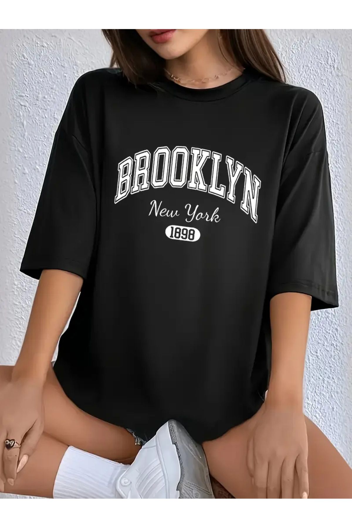LAND MODA Plus Beden Kadın Brooklyn New York 1898 Grafik Tişört - Canlı Pembe Oversize Günlük