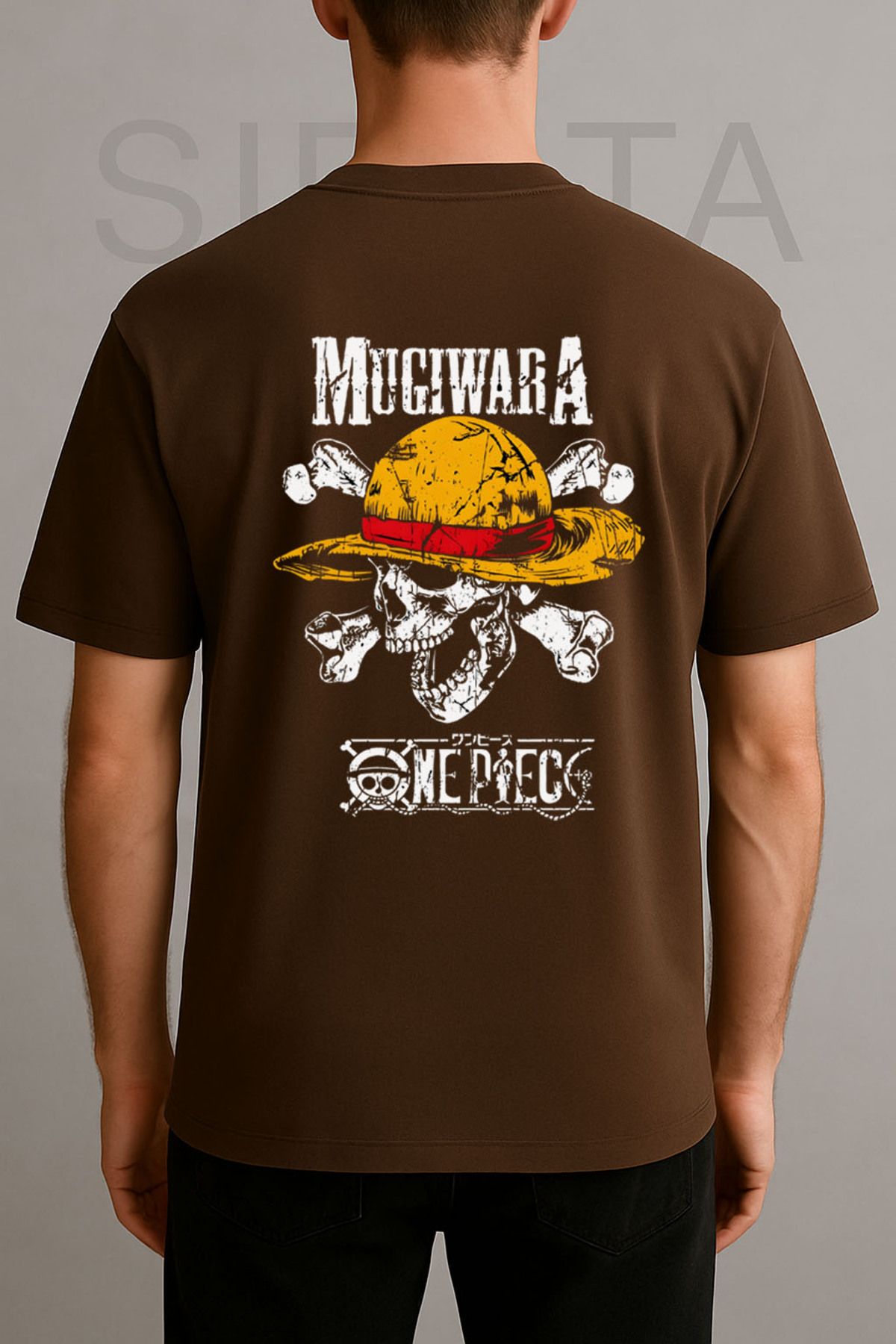 sielta Anime One Piece Monkey D. Luffy Baskılı Bisiklet Yaka Oversize Kahverengi Tişört T-shirt