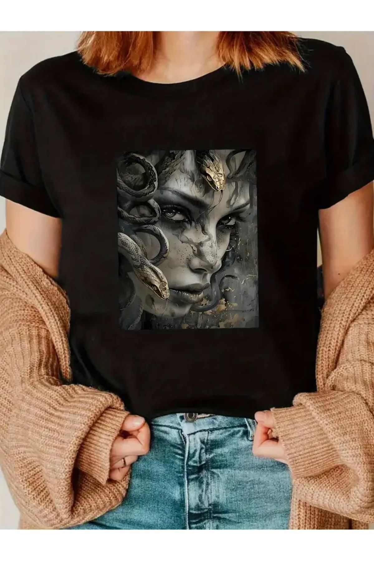 LAND MODA Kadın Yaz T-Shirt, Şık ve Zarif Gevşek "Yılan ve Kadın" Kılıf T-Shirt