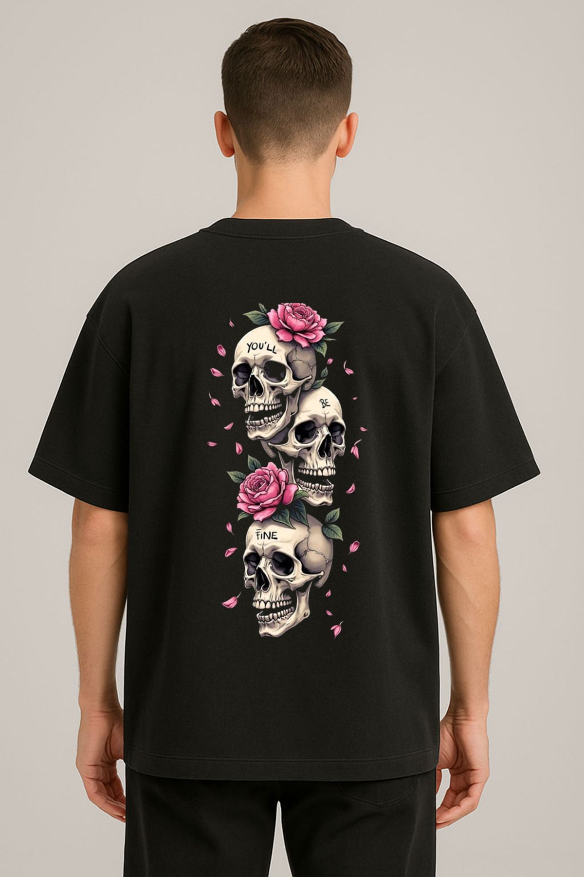 sielta Kuru Kafa Gül Baskılı Bisiklet Yaka Oversize Siyah Tişört T-shirt