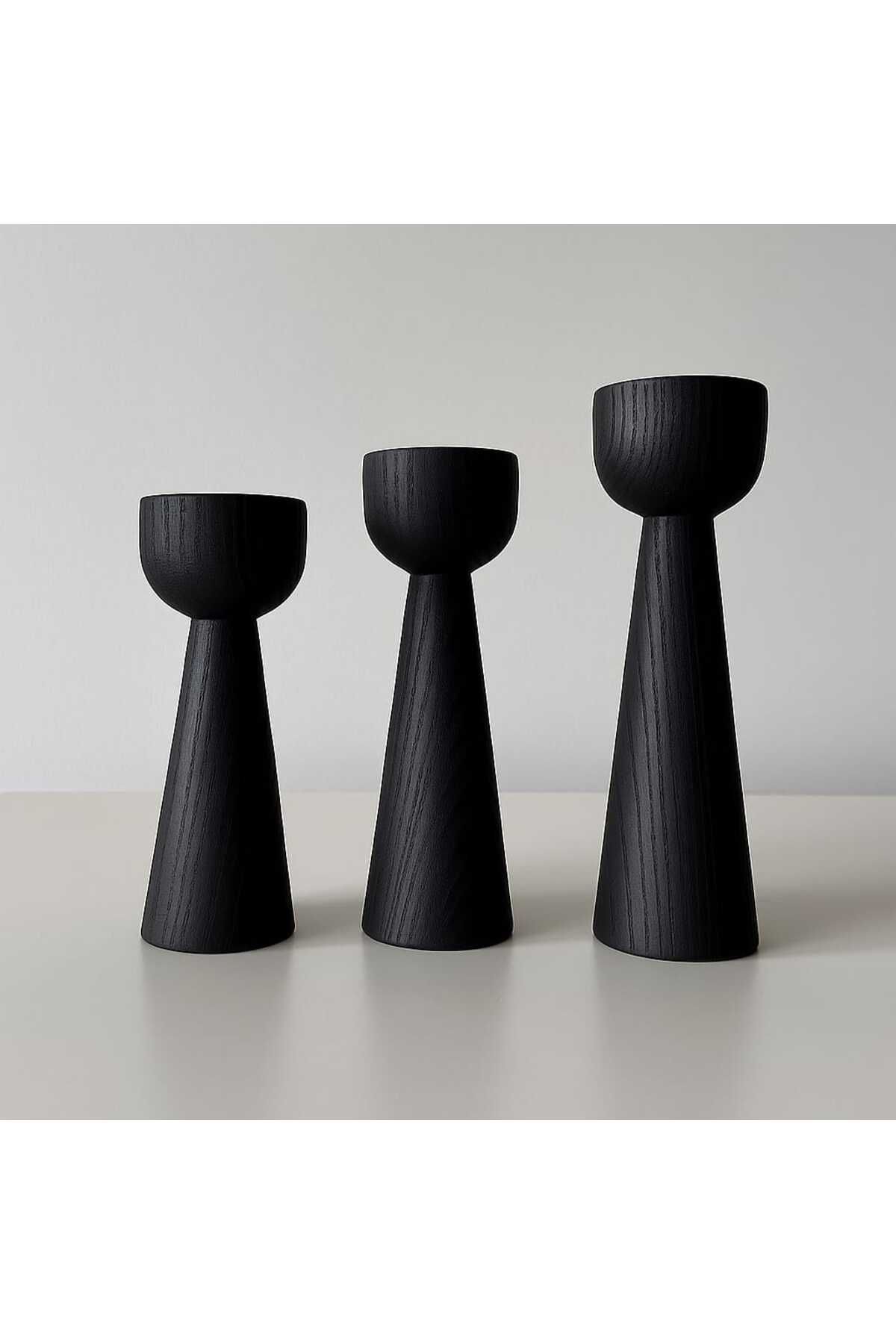 mebaconcept Doğal Ahşap Siyah Şamdan Seti 17.5cm & 15cm & 12.5 , El Yapımı, Rustik Dekoratif 3'lü Mumluk Modern