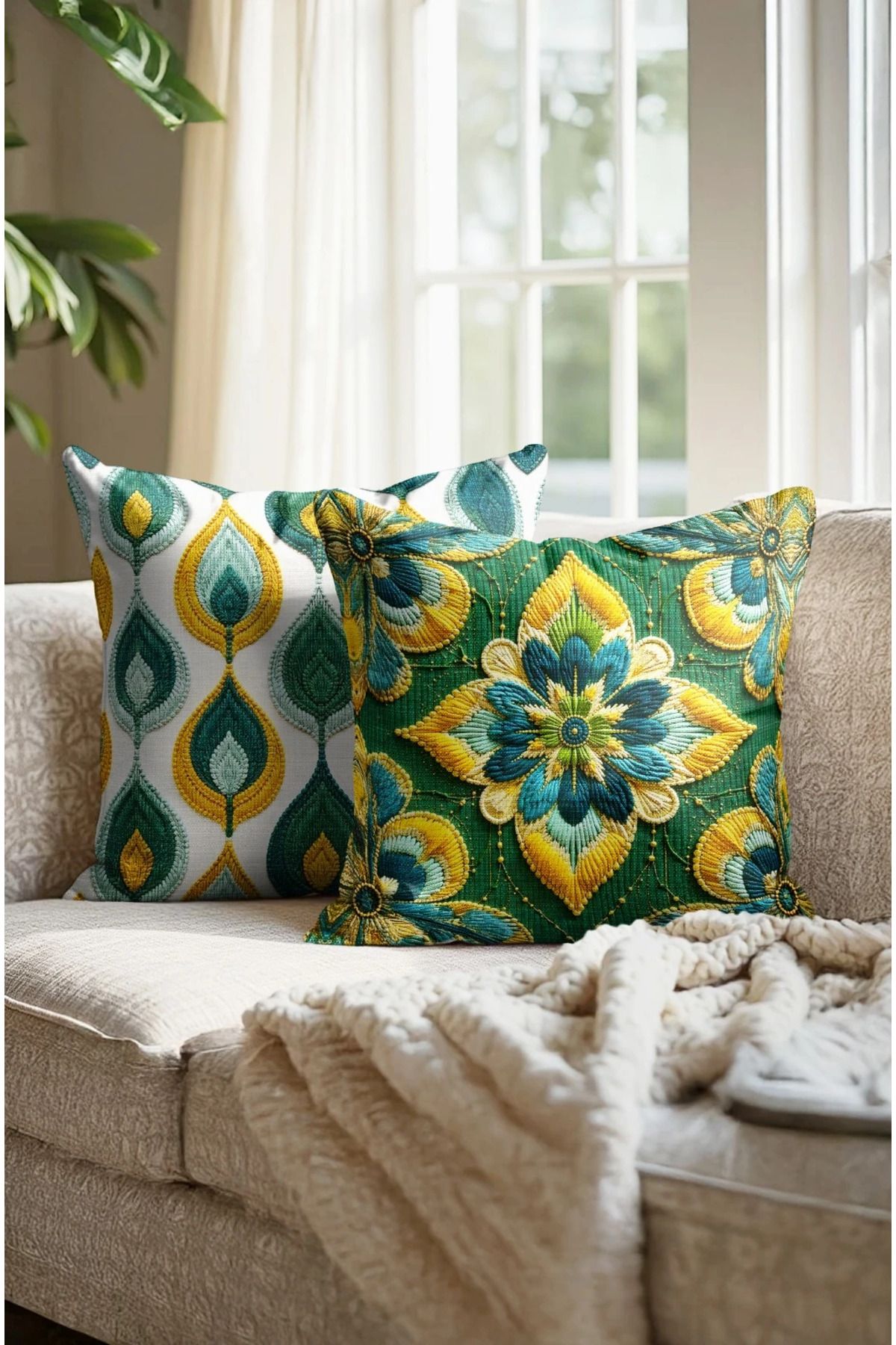 Home 2li Set Dijital Baskı Punch Kırlent Kılıfı 43x43cm - v11