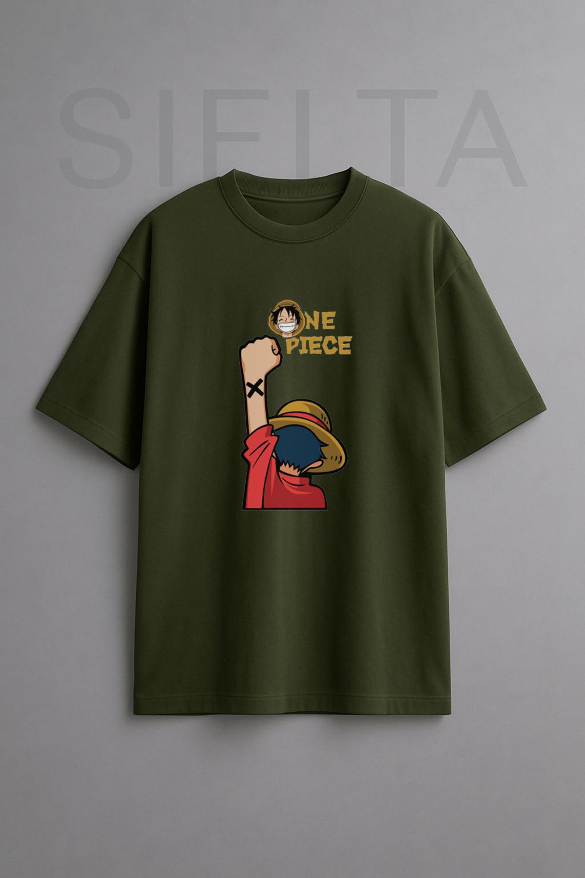sielta Anime One Piece Monkey D. Luffy Baskılı Bisiklet Yaka Oversize Yeşil Tişört T-shirt