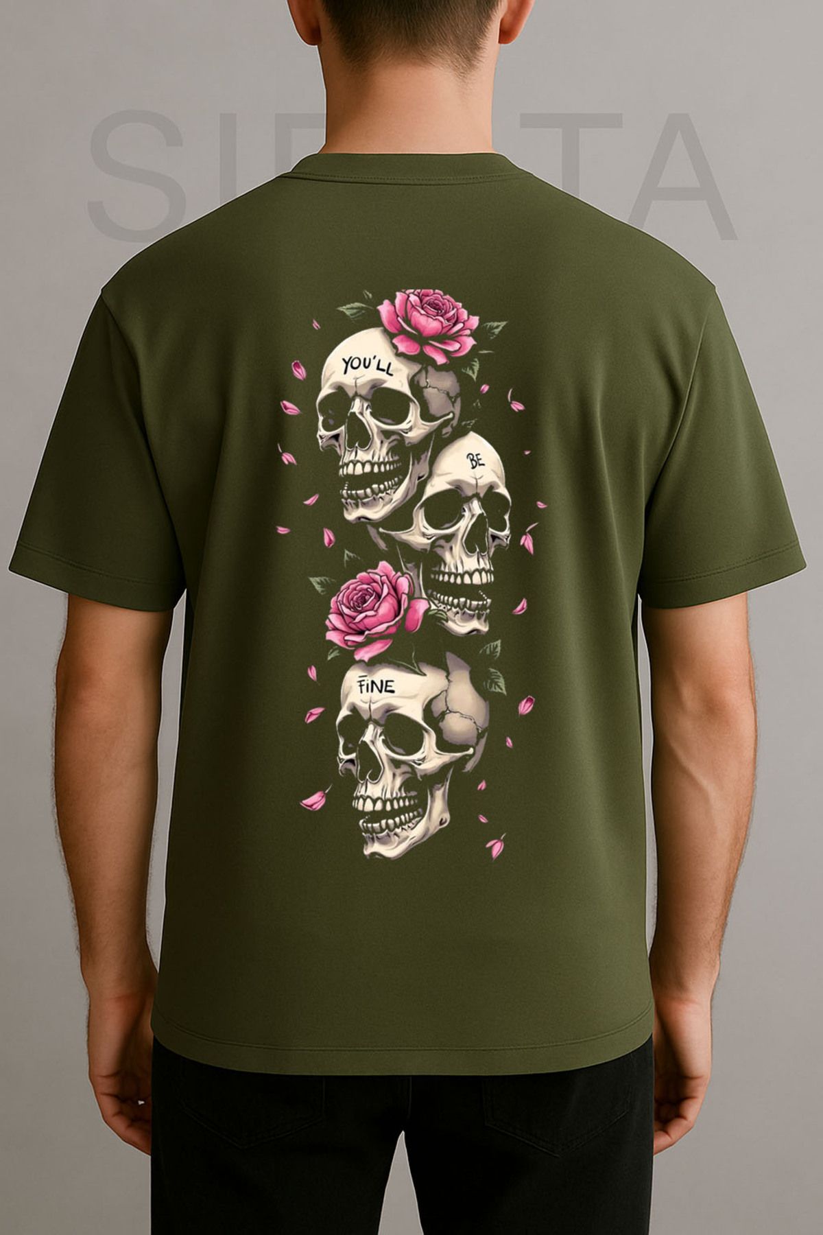 Darkia Kuru Kafa Gül Baskılı Bisiklet Yaka Oversize Yeşil Tişört T-shirt