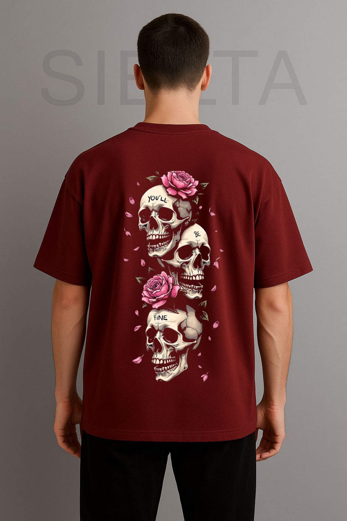 sielta Kuru Kafa Gül Baskılı Bisiklet Yaka Oversize Bordo Tişört T-shirt