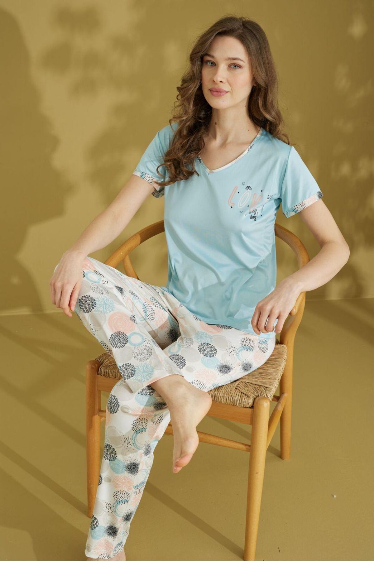 seamlife Kadın %100 Pamuklu Mavi Love Yazı Desenli Kısa Kollu Altı Uzun Pijama Takımı