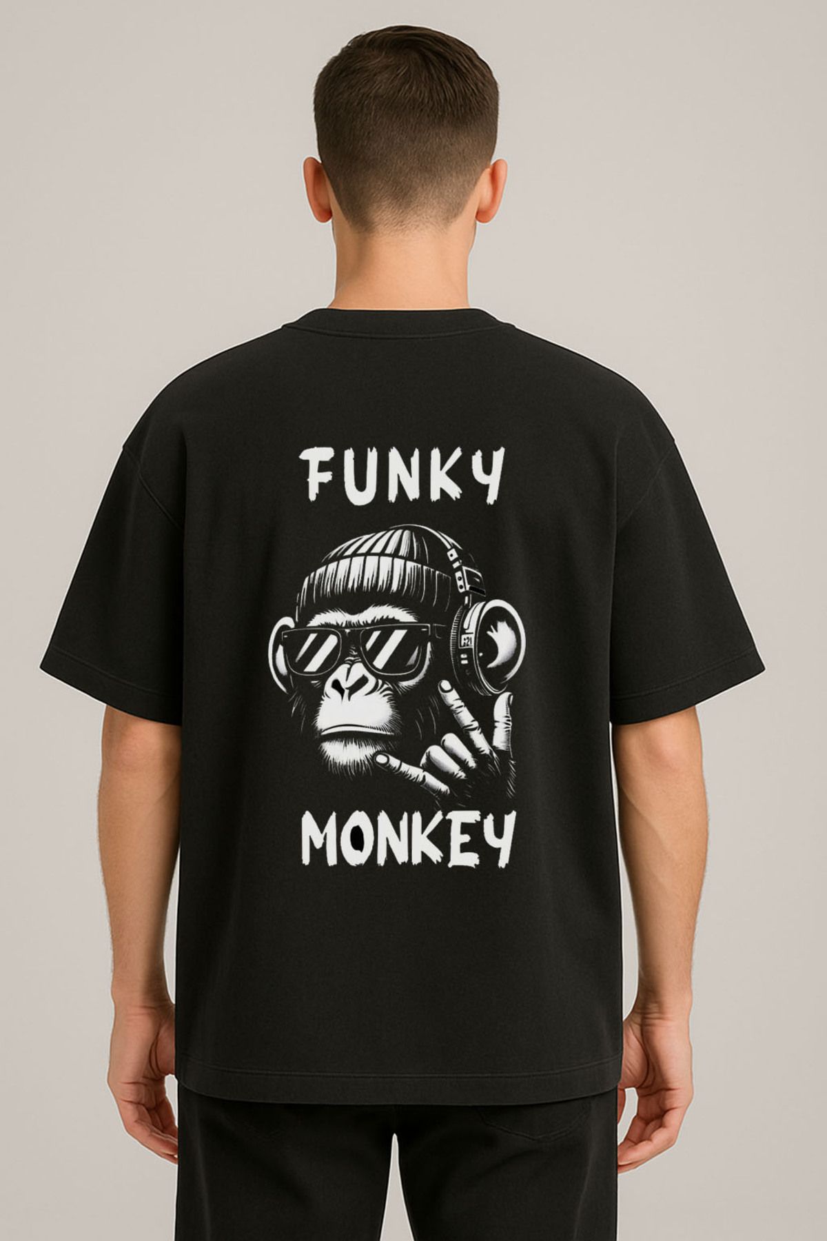 sielta Funky Monkey Rapçi Maymun Baskılı Bisiklet Yaka Oversize Siyah Tişört T-shirt
