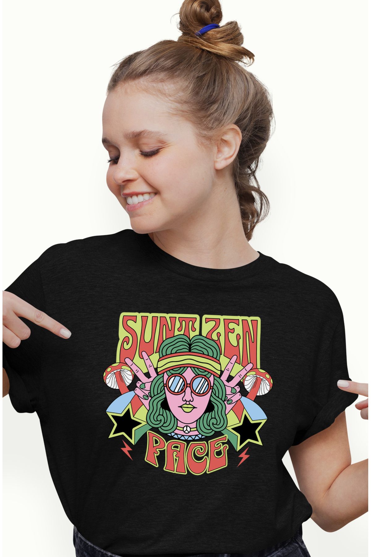 StoryGift Romania Tricou Femei Fata Hippier Sunt Zen Club Pace Liniste Cu Imprimeu Pe Fata, 100% B Blk_l Femeie - S