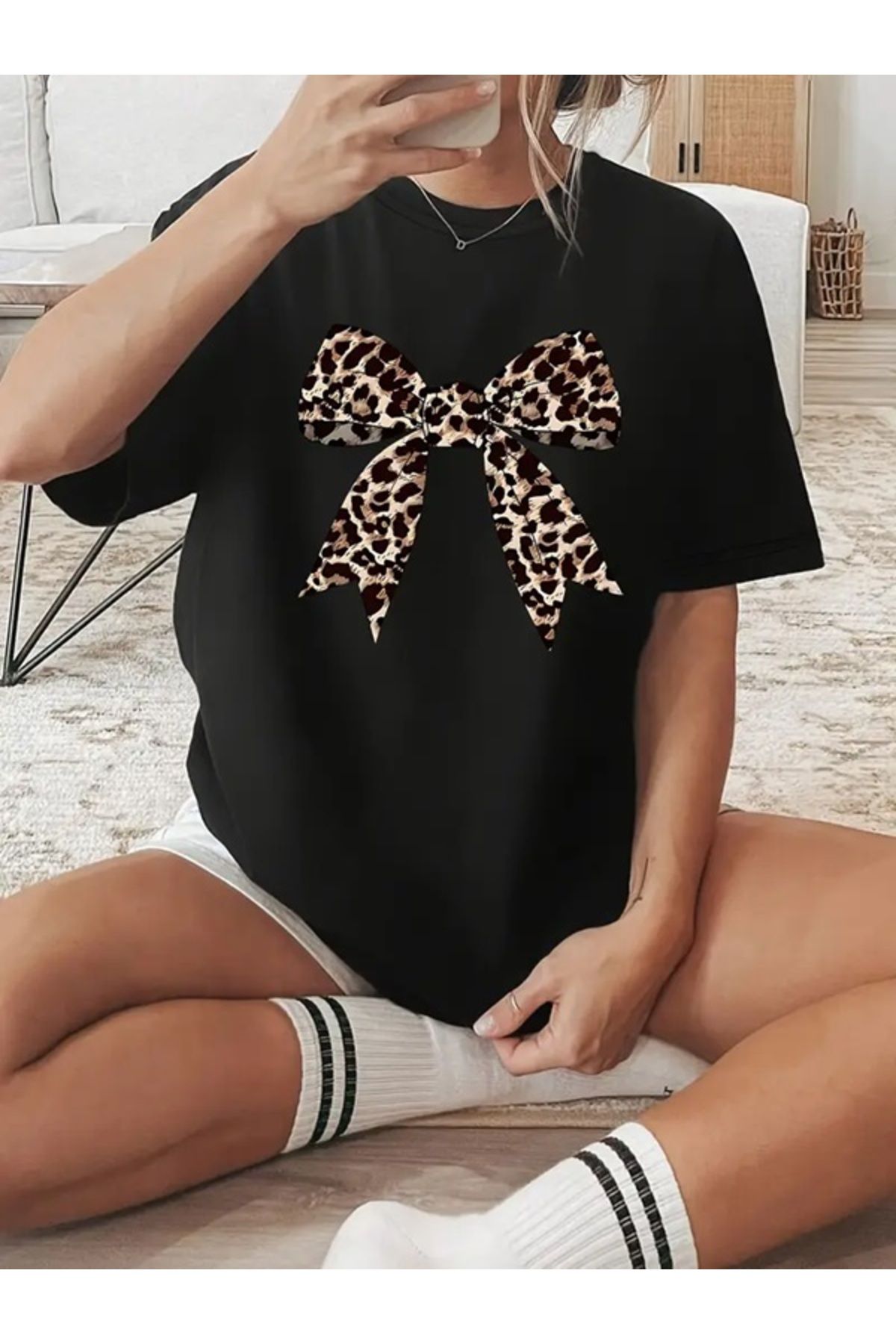 EXPECTED Kadın Leopar Kurdele Oversize Pamuklu Şık T-shirt