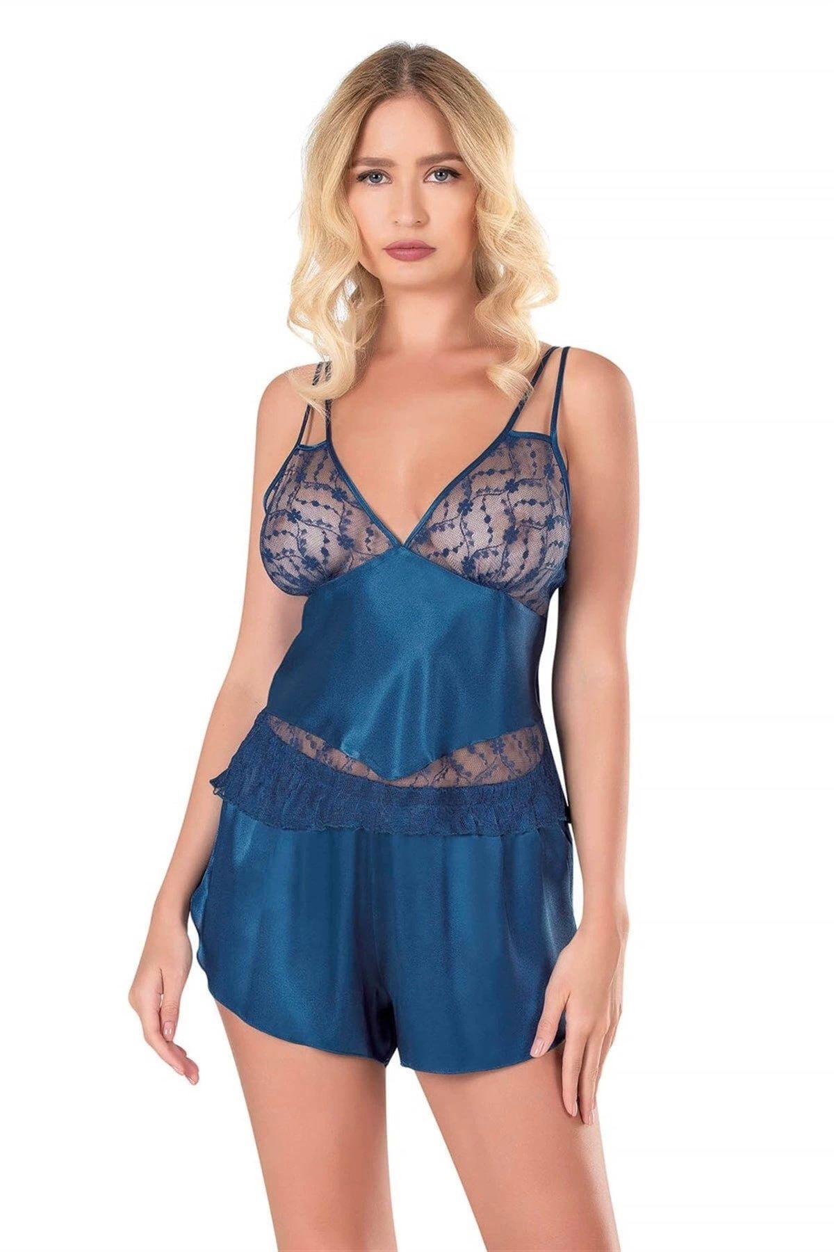 GiyimCity Petrol Mavisi Saten Babydoll Şort Takımı