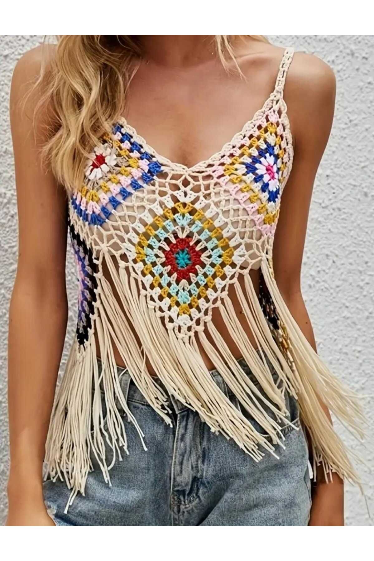 beynaaksesuar Bohem plaj giyim örgü bikini üst çok renkli elbise