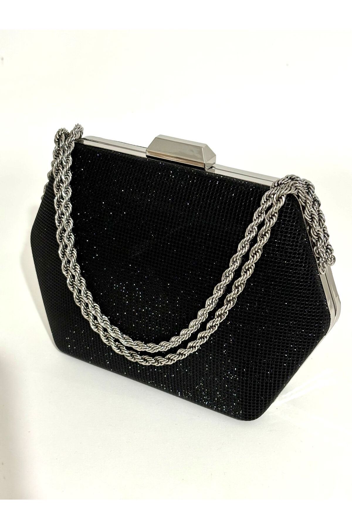 NAZART Kadın Bigtaş Görünümlü Siyah Abiye Clutch Zincir Askılı El Düğün Nişan Gece Omuz Çantası