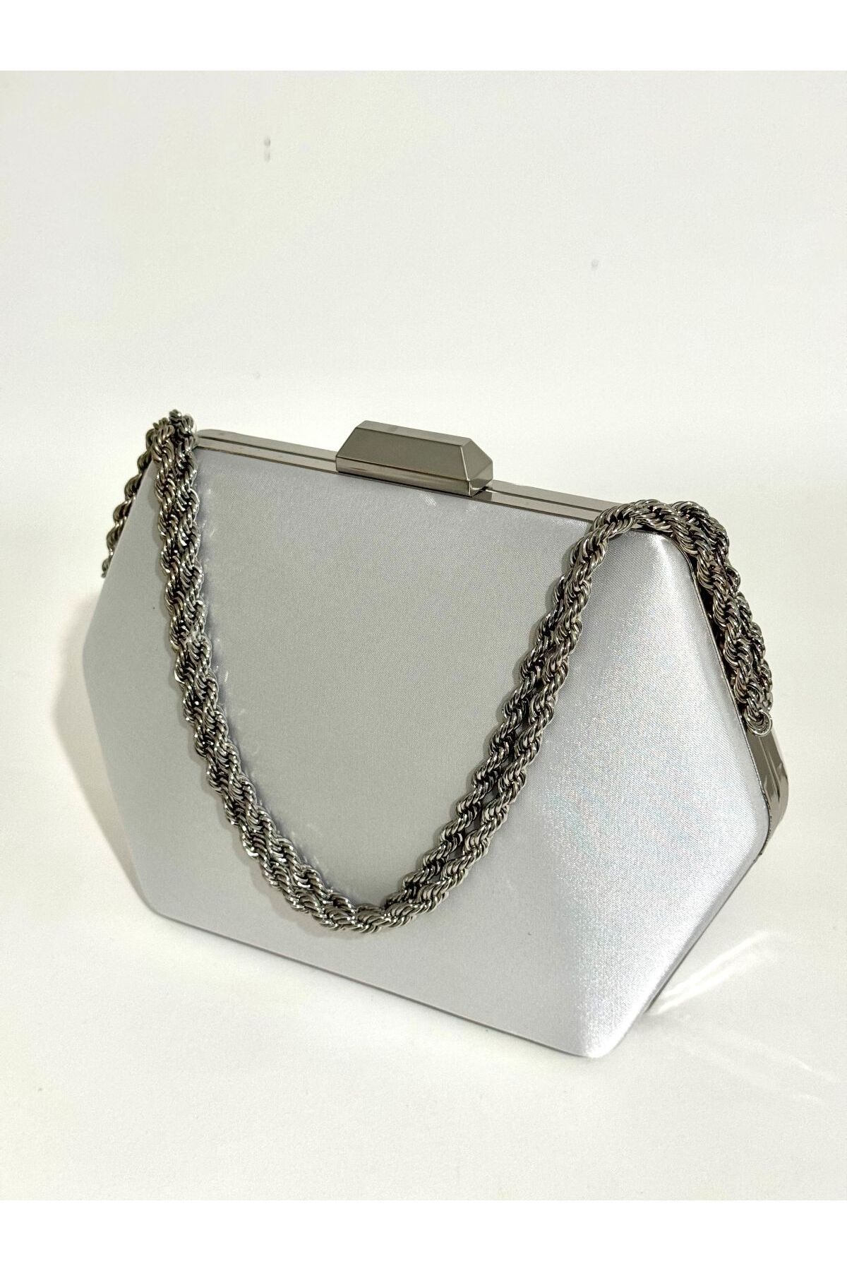 NAZART Kadın Saten Gümüş Abiye Clutch Zincir Askılı El Düğün Nişan Gece Omuz Çantası