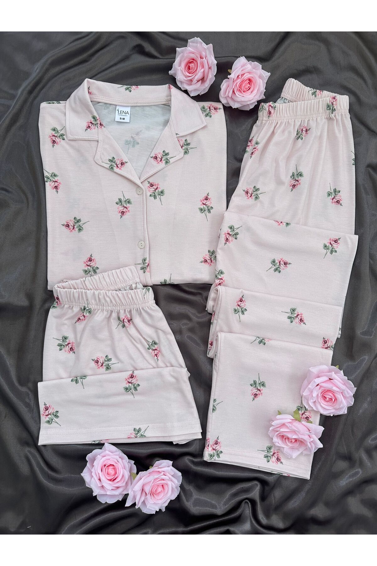 Lena Homewears Kadın Gülizar Gül Desenli 3'lü Şort Uzun Paça Kısa Kollu Pijama Takımı