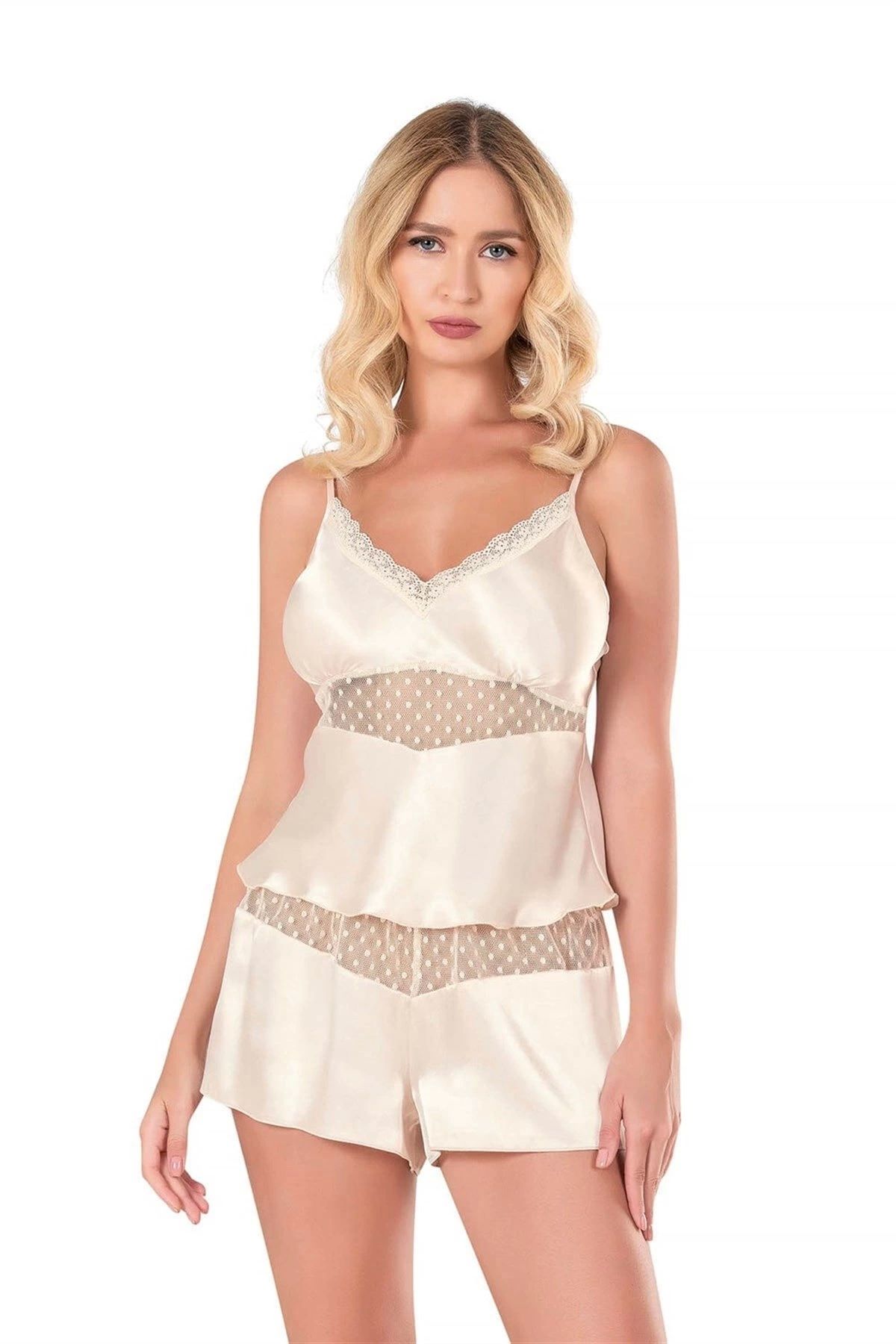 GiyimCity Fildişi Saten Babydoll Şort Takımı