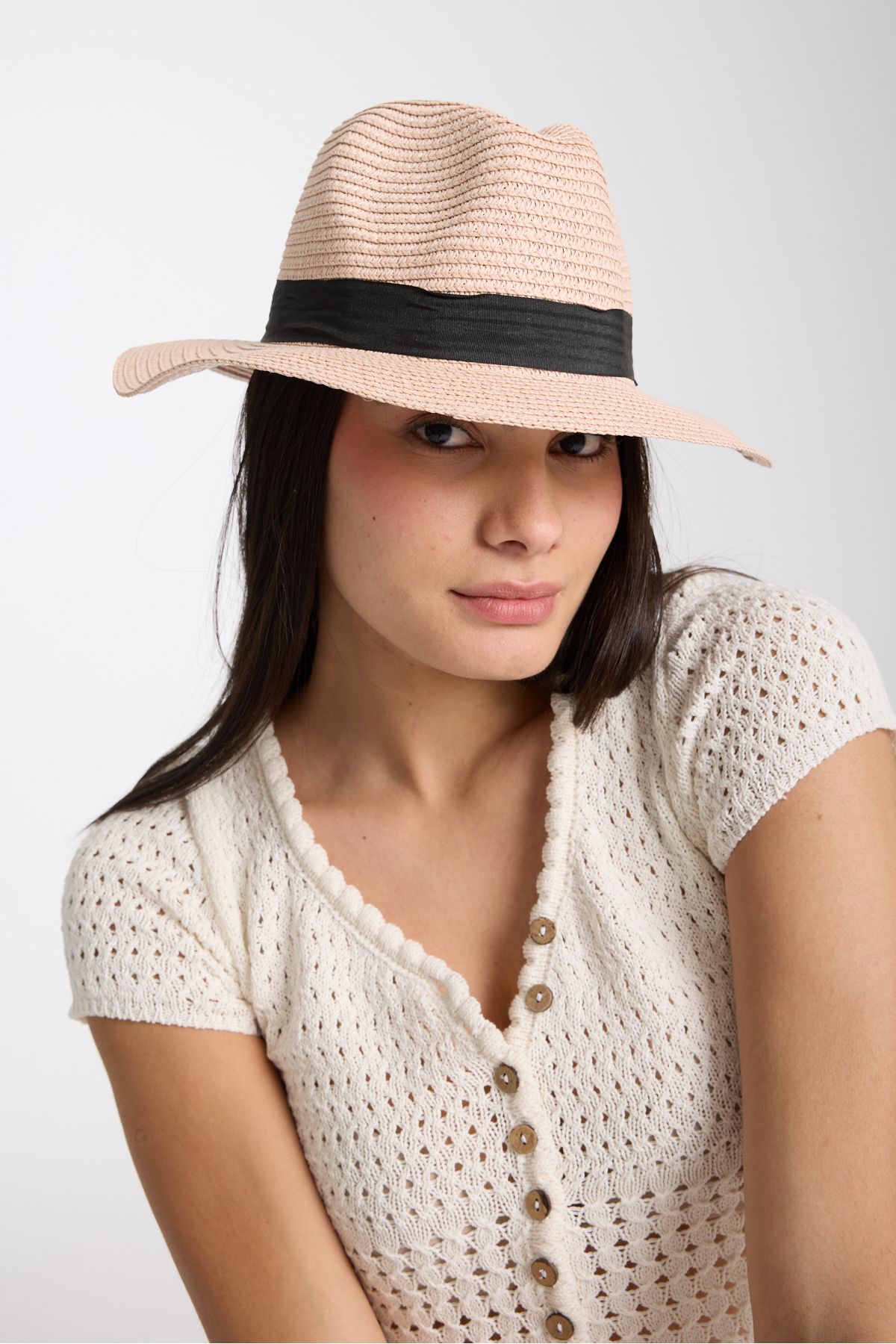 Moda Days Kadın Hasır Şapka Yazlık Geniş Kenarlı Kurdeleli Pembe Plaj Fötr Model