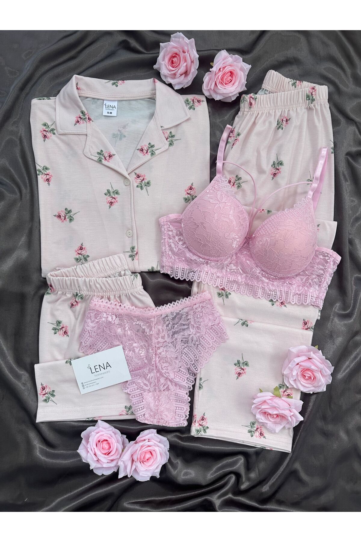 Lena Homewears Kadın Gülizar Gül Desenli 5'li İç Çamaşırlı Şort Uzun Paça Kısa Kollu Pijama Takımı