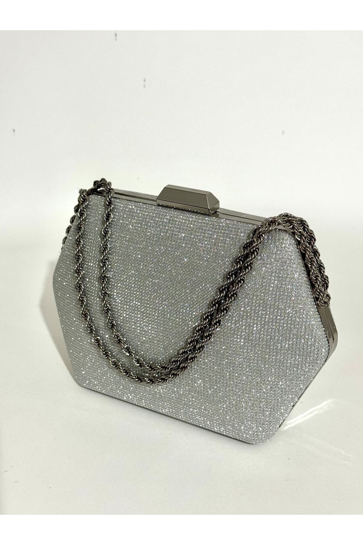 NAZART Kadın Bigtaş Görünümlü Gümüş Abiye Clutch Zincir Askılı El Düğün Nişan Gece Omuz Çantası