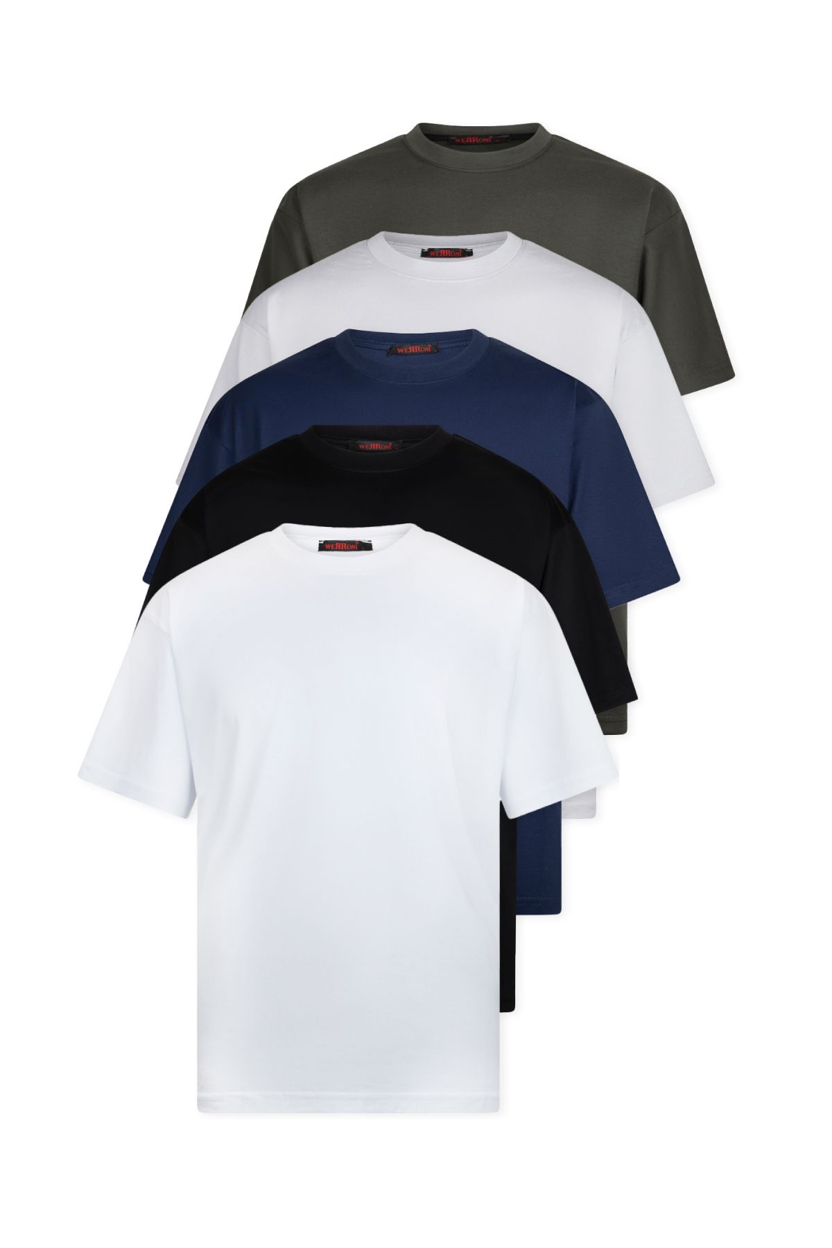WERRONİ 5'li Oversize Massimo Kalın Tok Basic T-Shirt - Beyaz - Siyah - Lacivert - Gri - Haki