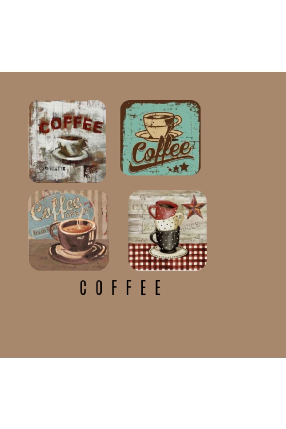 STONEVİVEART Coffee Desenli Doğal Taş Bardak Altlığı 4 adet 10x10Cm