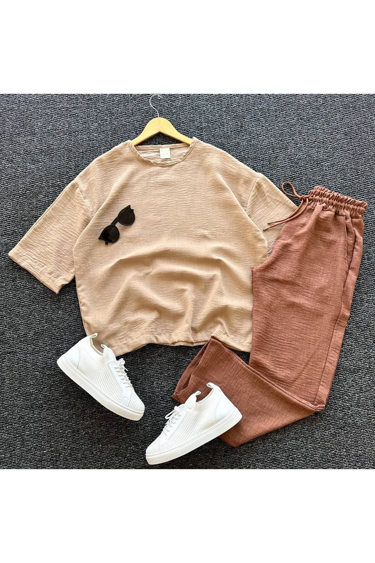tetramoda Bisiklet Yaka Yarım Kol Oversize Kısa Kol T-shirt Pantolon Takım 2'li set