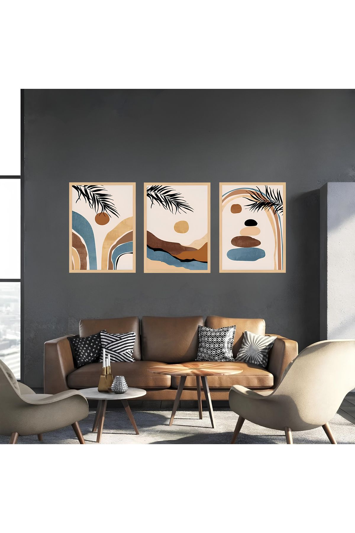 Tuba Decor 3 Parça Ahşap Çerçeve Görünümlü bohem MDF Tablo Seti