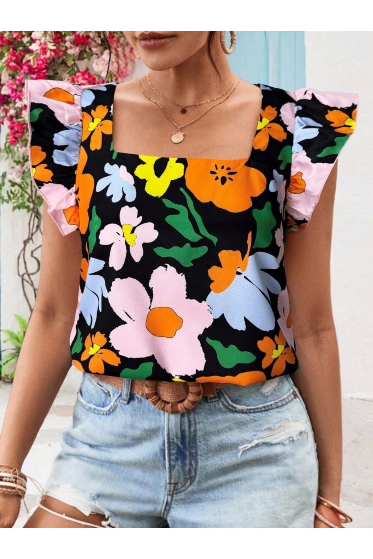 Butik Kadın Kısa Fırfır Kollu Kare Yaka çiçek Desenli Ithal Keten Bluz