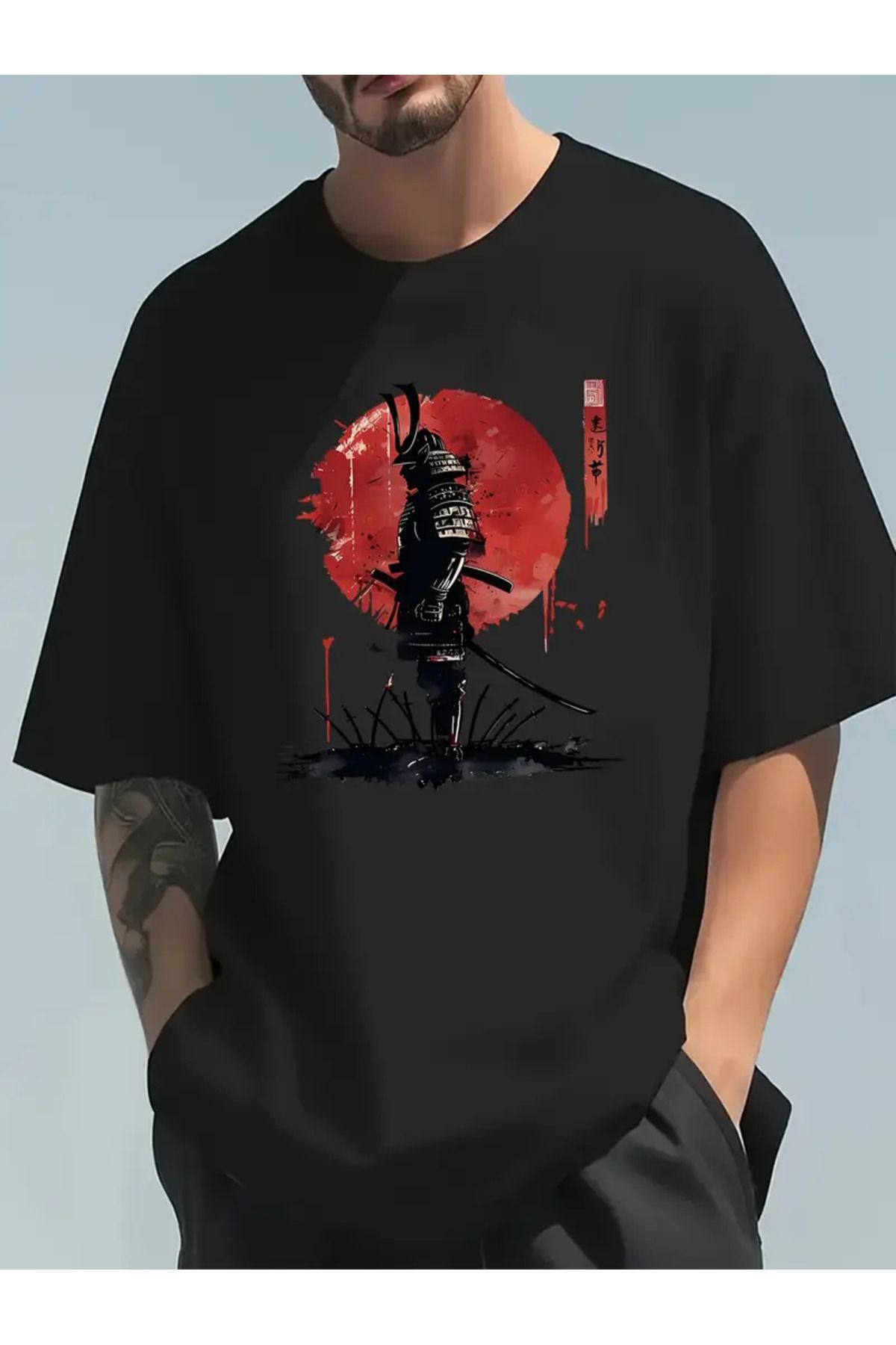 AEMİ Unisex Samurai Baskılı Oversize Bisiklet Yaka T-shirt