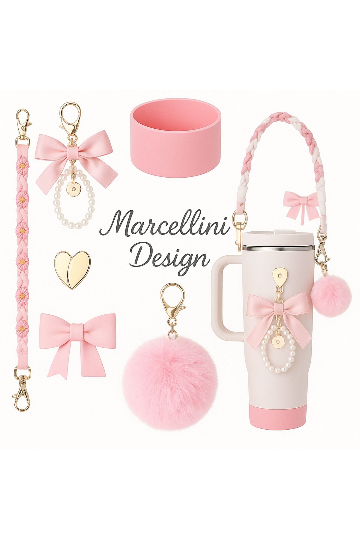 Marcellini Design 7 Parça Pembe-Termos Charmı - 30oz/40oz Termos Uyumlu Aksesuar Seti -Pembe