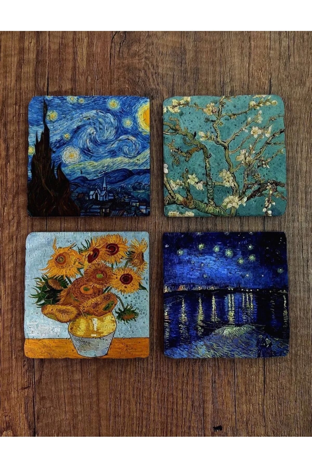 STONEVİVEART Doğal Taş Bardak Altlığı Van Gogh Eserleri Baskılı 4 adet
