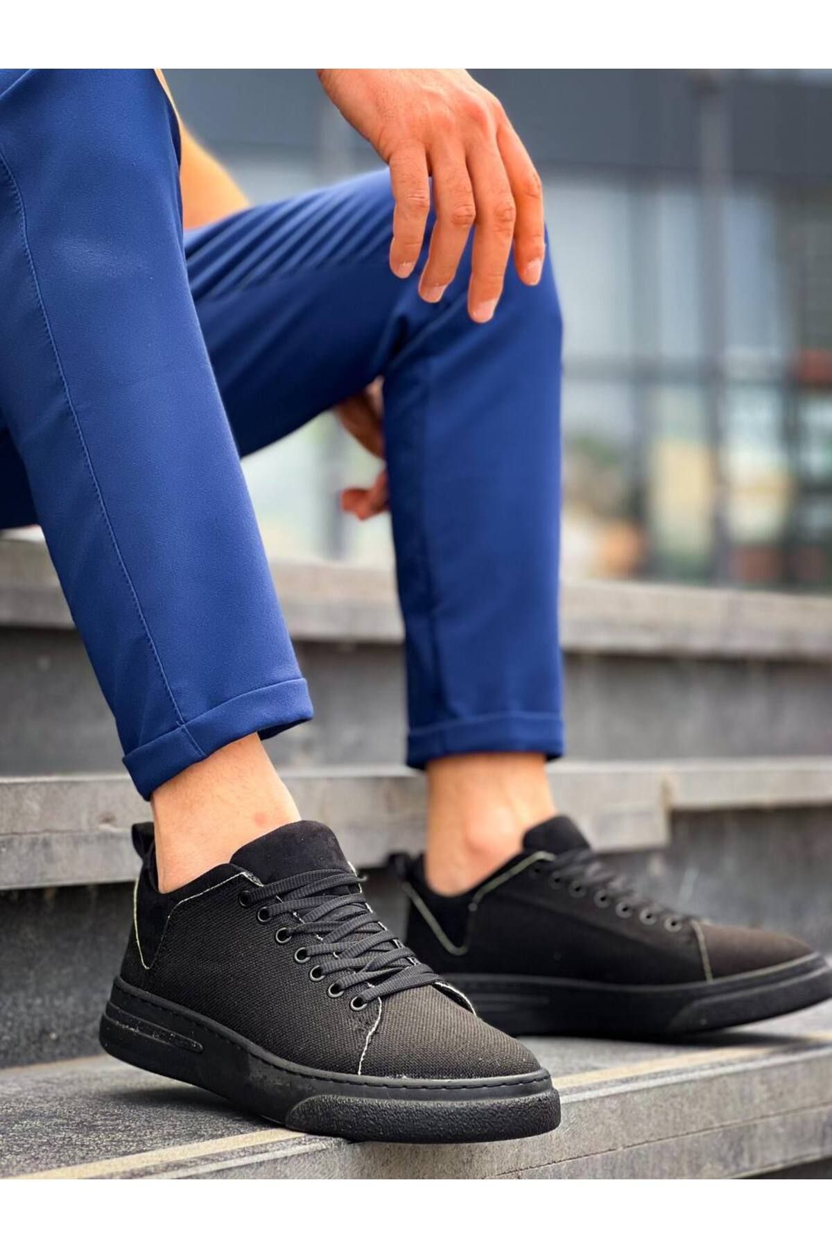 pabucmarketi Bağcıklı Keten Erkek Hı Sneaker SİYAH (SİYAH TABAN)