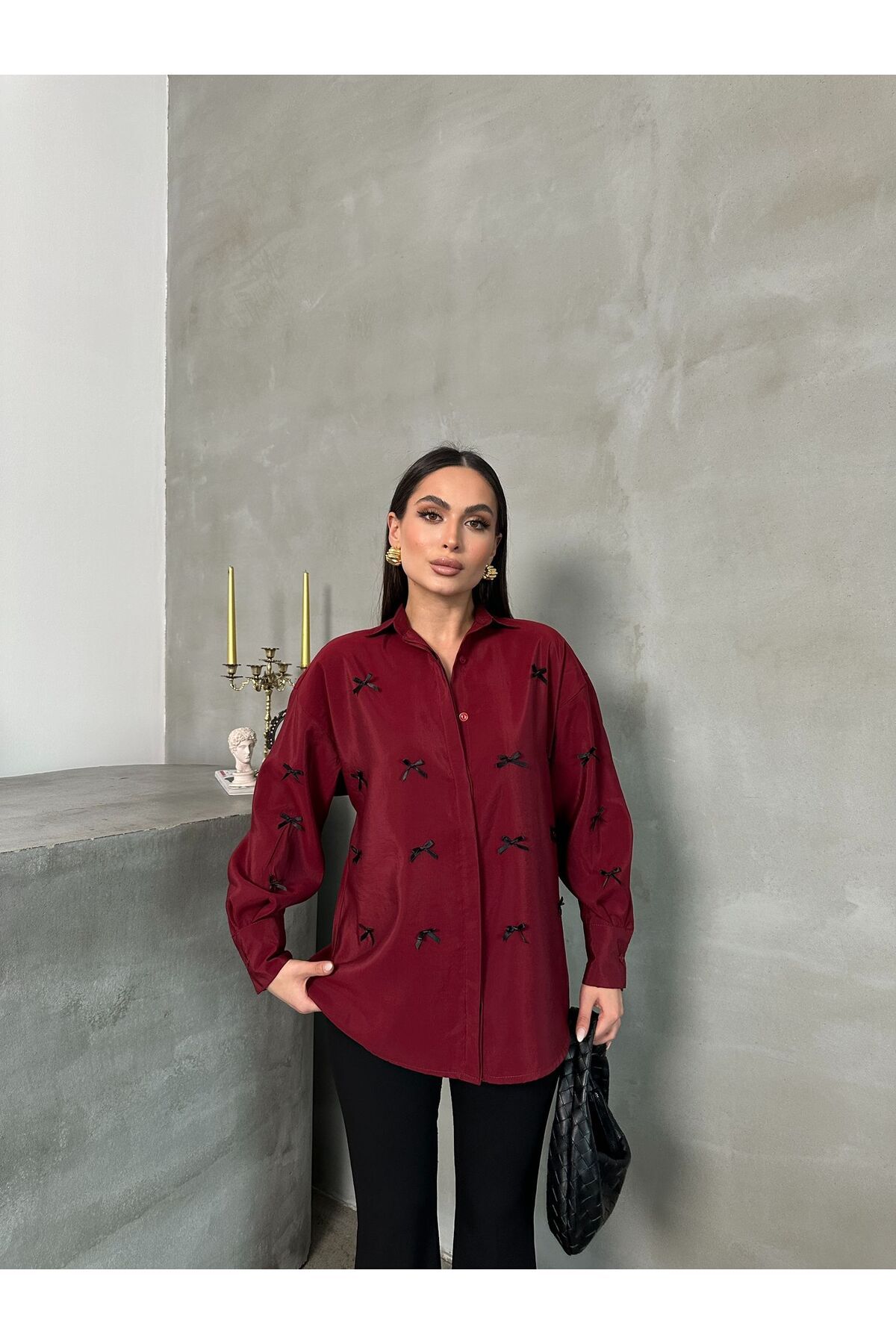 maf collection Kadın Bordo Fiyonk Detay Uzun Kol Gömlek