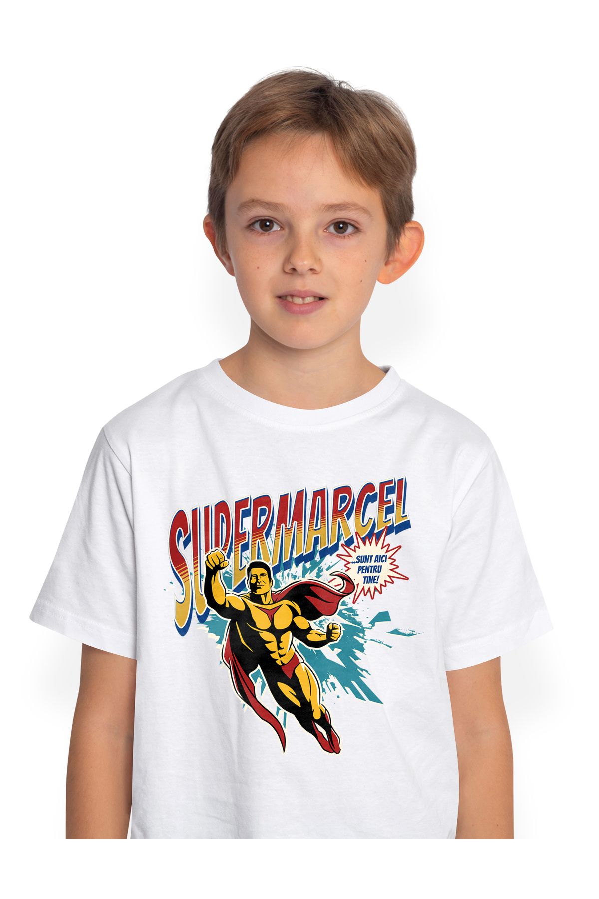 StoryGift Romania Tricou Copii Baieti Super Marcel, Supererou Sunt Aici Pentru Tine 100% Bumbac, Unisex, Alb Unisex - 5–6 years
