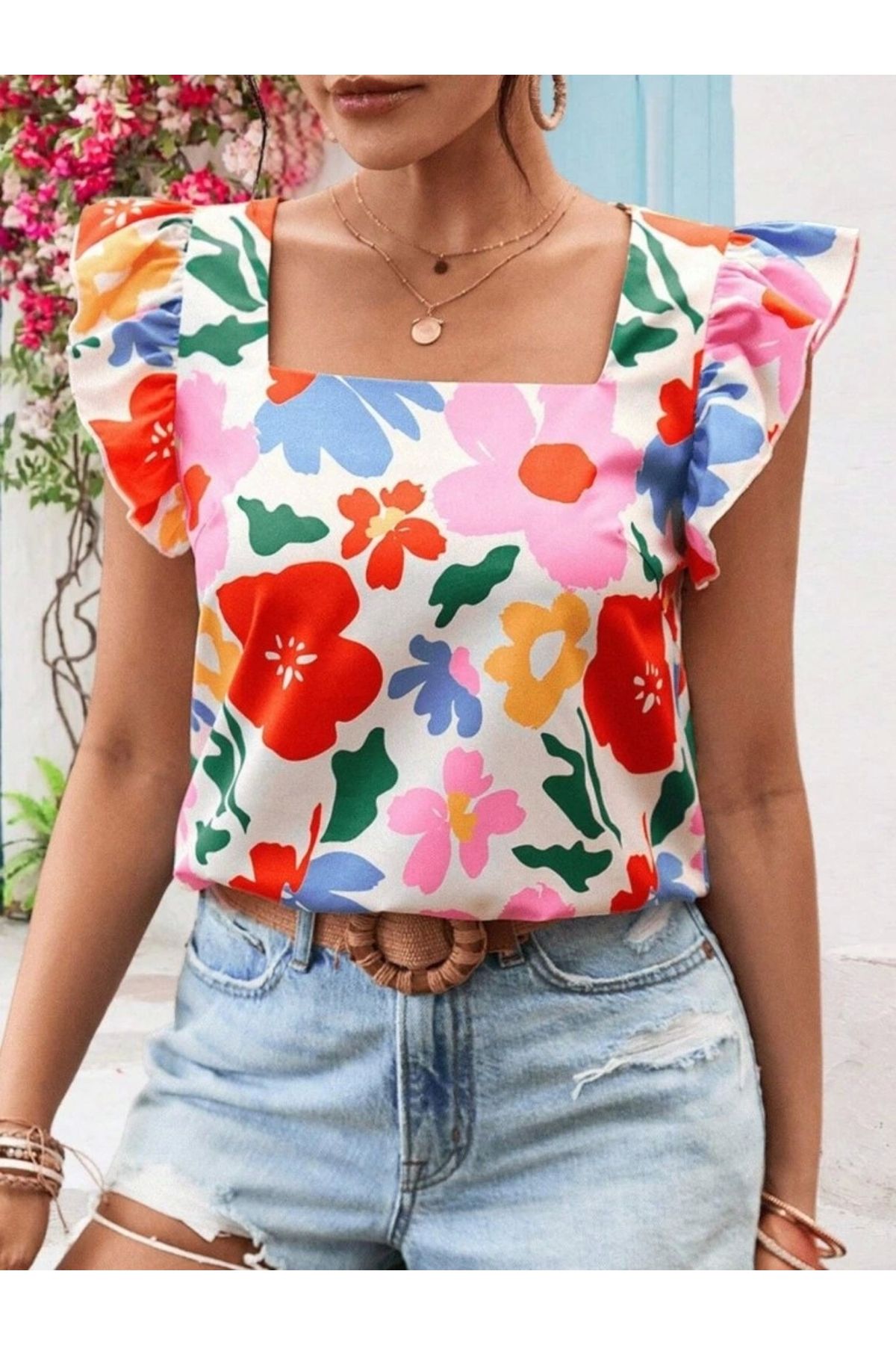 Butik Kadın Kısa Fırfır Kollu Kare Yaka çiçek Desenli Ithal Keten Bluz