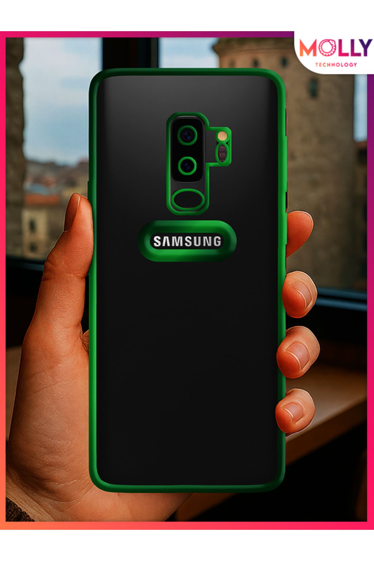 Molly Samsung Galaxy S9 PLUS İçin Kenarları Zehir Yeşili Lens Koruyuculu Lou Lazer Şeffaf Silikon Kılıf