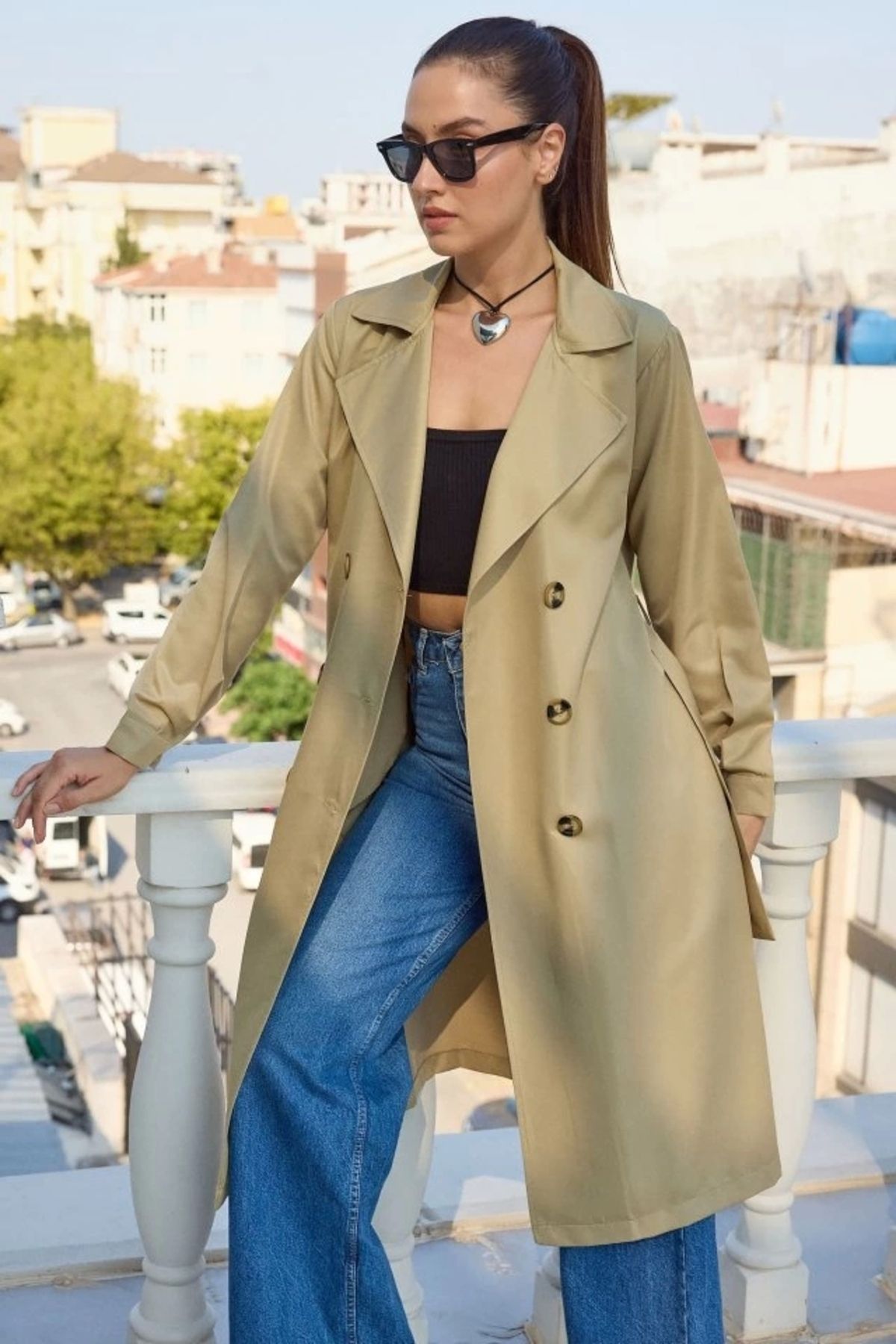 Butik 5853 Kruvaze Yaka Trençkot - A.Haki