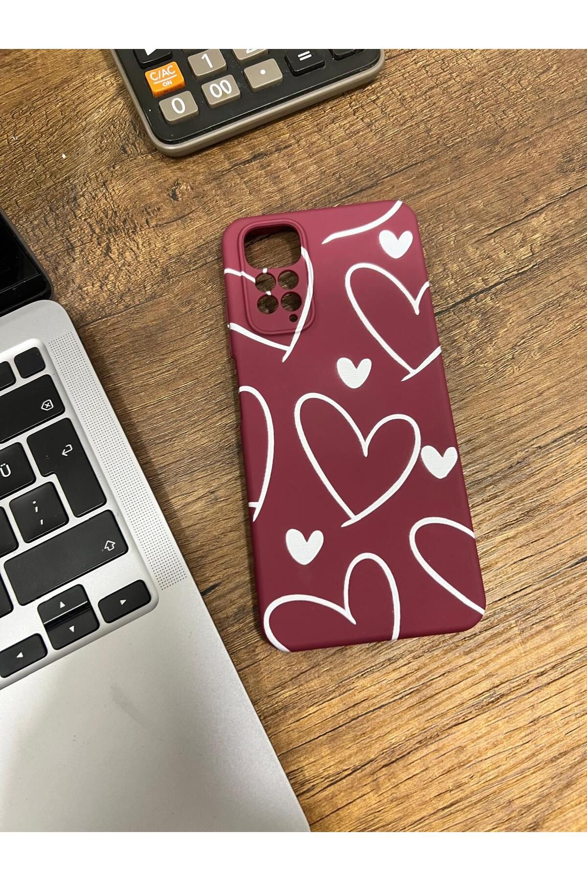 HZR Xiaomi Redmi Note 11 Kalp Desenli Bordo Silikon Kılıf