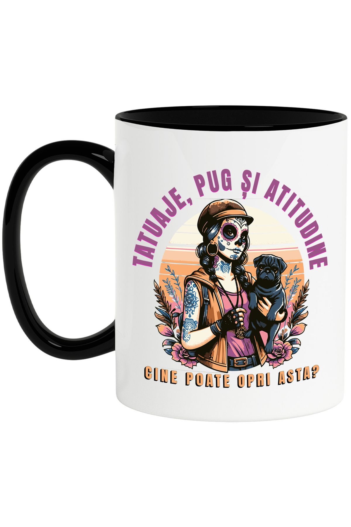 StoryGift Romania Cana Fata Cu Tatuaje Si Caine Pug Text Haios Cine Poate Opri Asta, 330ml, Cerami, Cu Maner Negru Stg - One Size