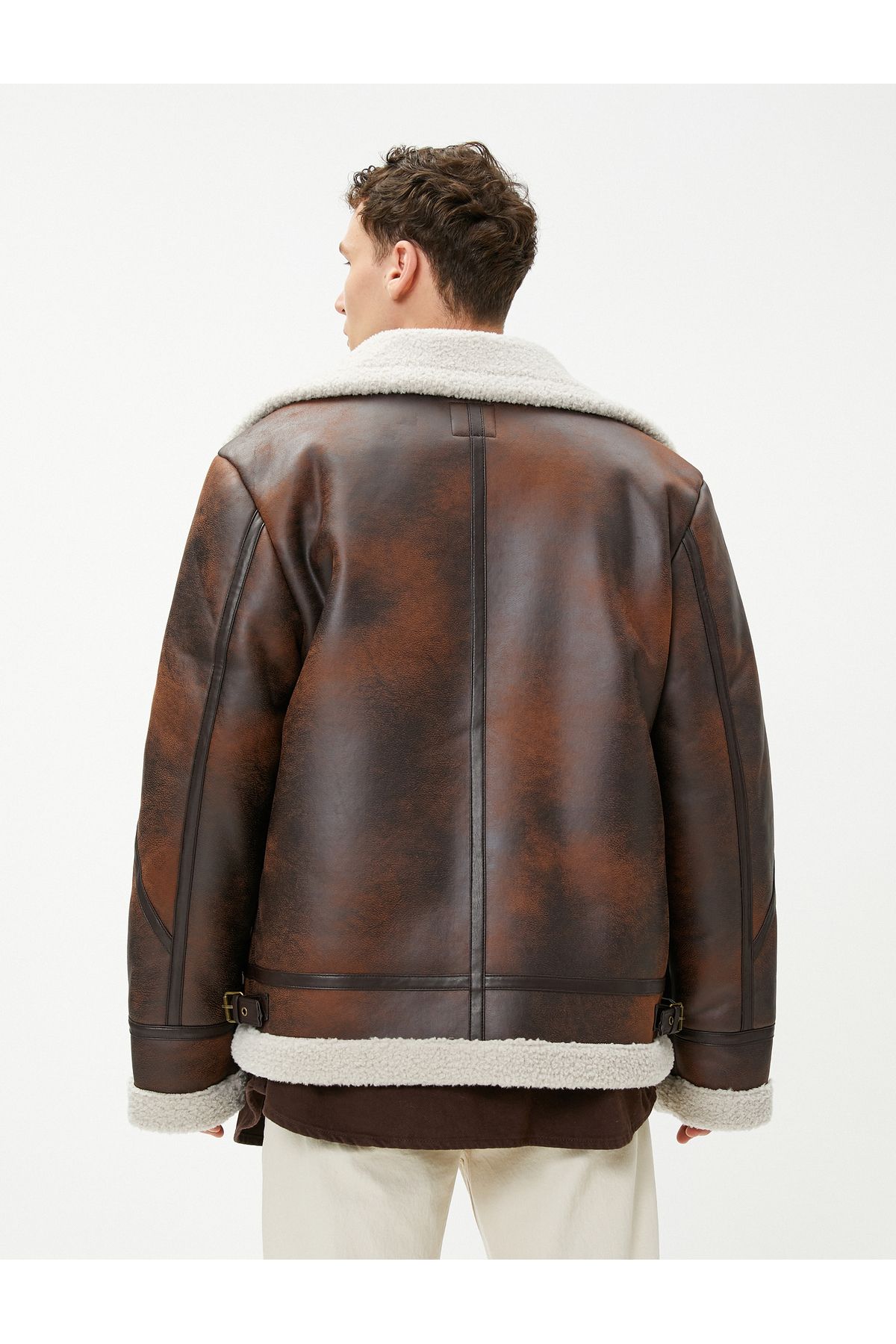Koton-Leather Look Jacket with Abstract Detail and Plush Inside Zipper Pocket 4