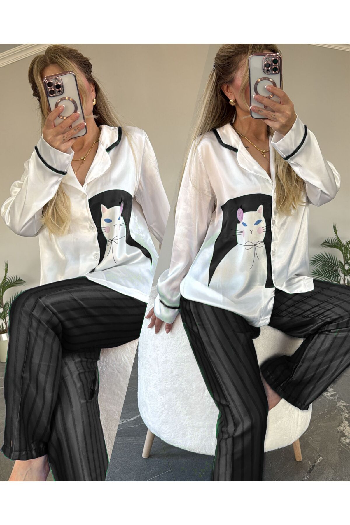 Azra Saten Beyaz Siyahlı Karikatür Baskılı Kadın Pijama Takımı