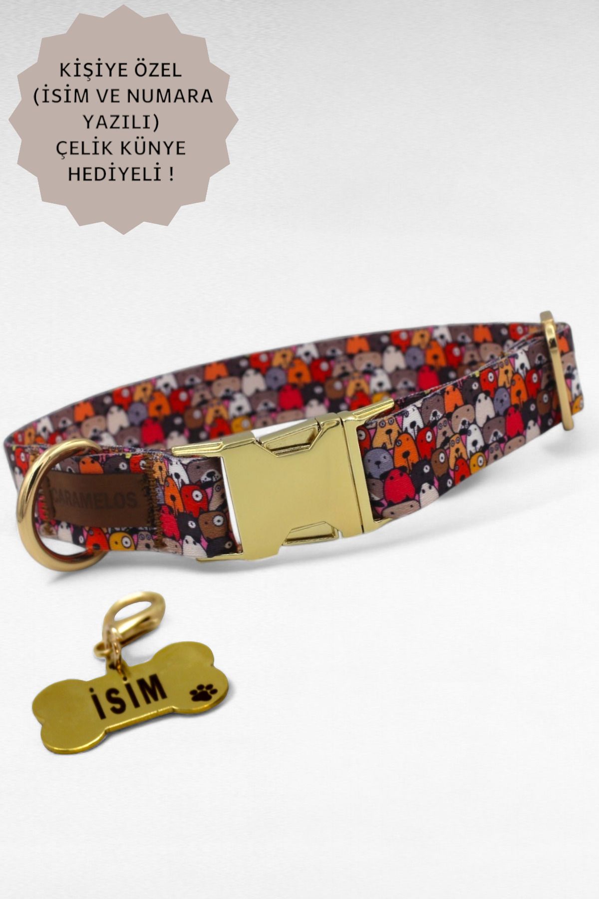 CARAMELOS İSİMLİ KÖPEK TASMASI, KÖPEK KÜNYESİ, KÖPEK İSİMLİK, BÜYÜK IRK TASMA, METAL KİLİTLİ TASMA,KÖPEK TASMA