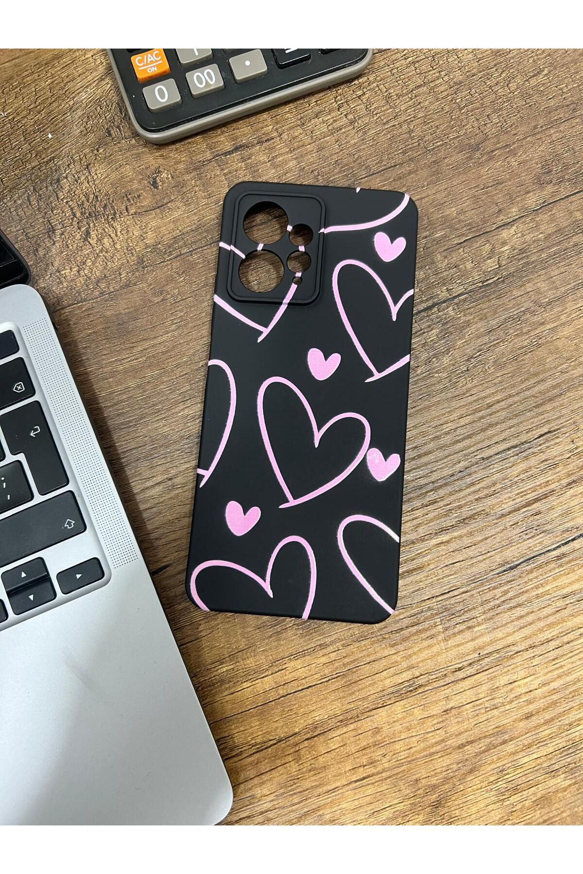 HZR Xiaomi Redmi Note 12 Pembe Kalp Desenli Siyah Silikon Kılıf