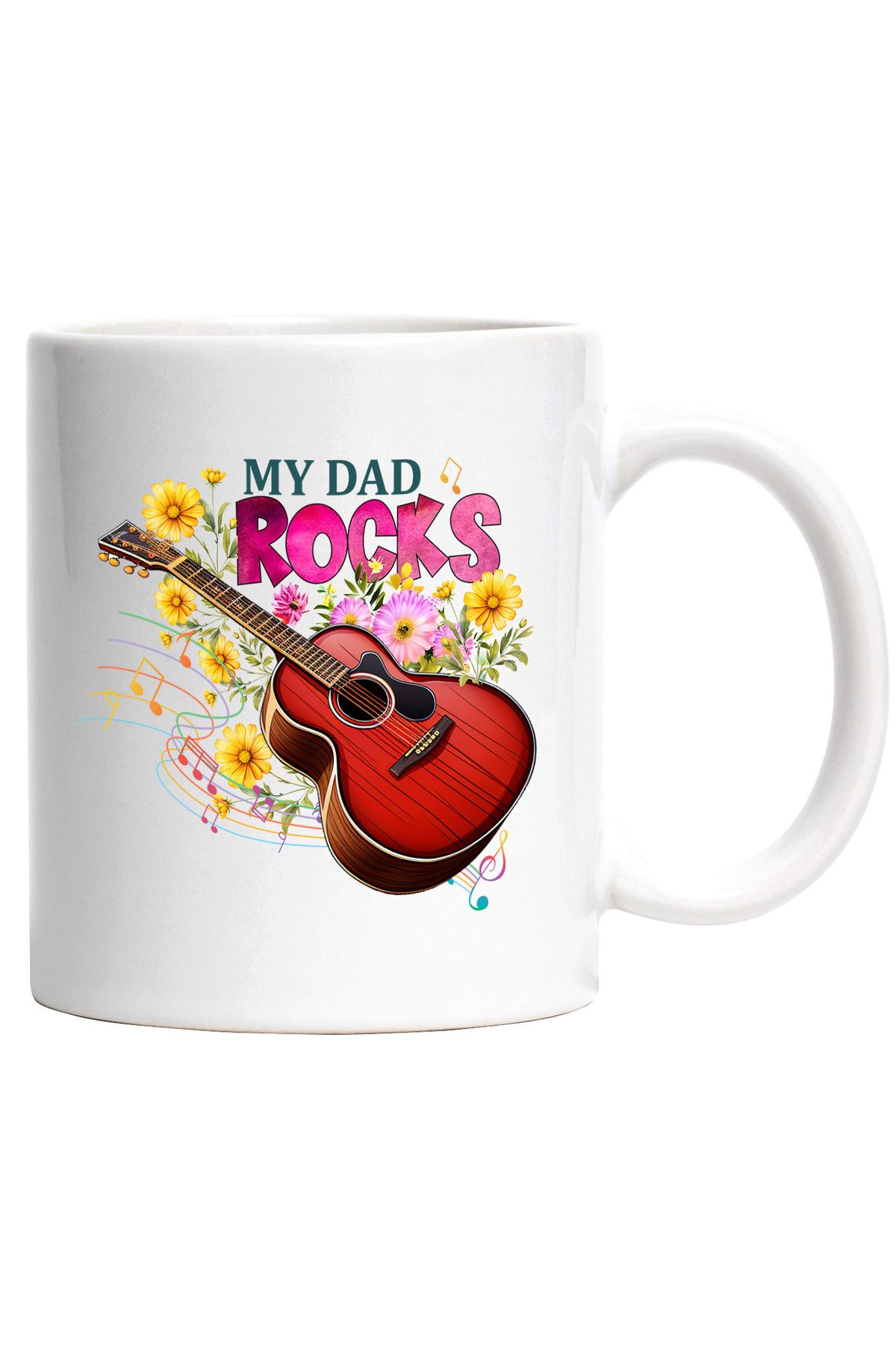 StoryGift Romania Cana Cu O Chitara Cu Mesajul "my Dad Rocks", Note Muzicale, Flori, Tata, Ilustra, Cu Maner Alb - One Size