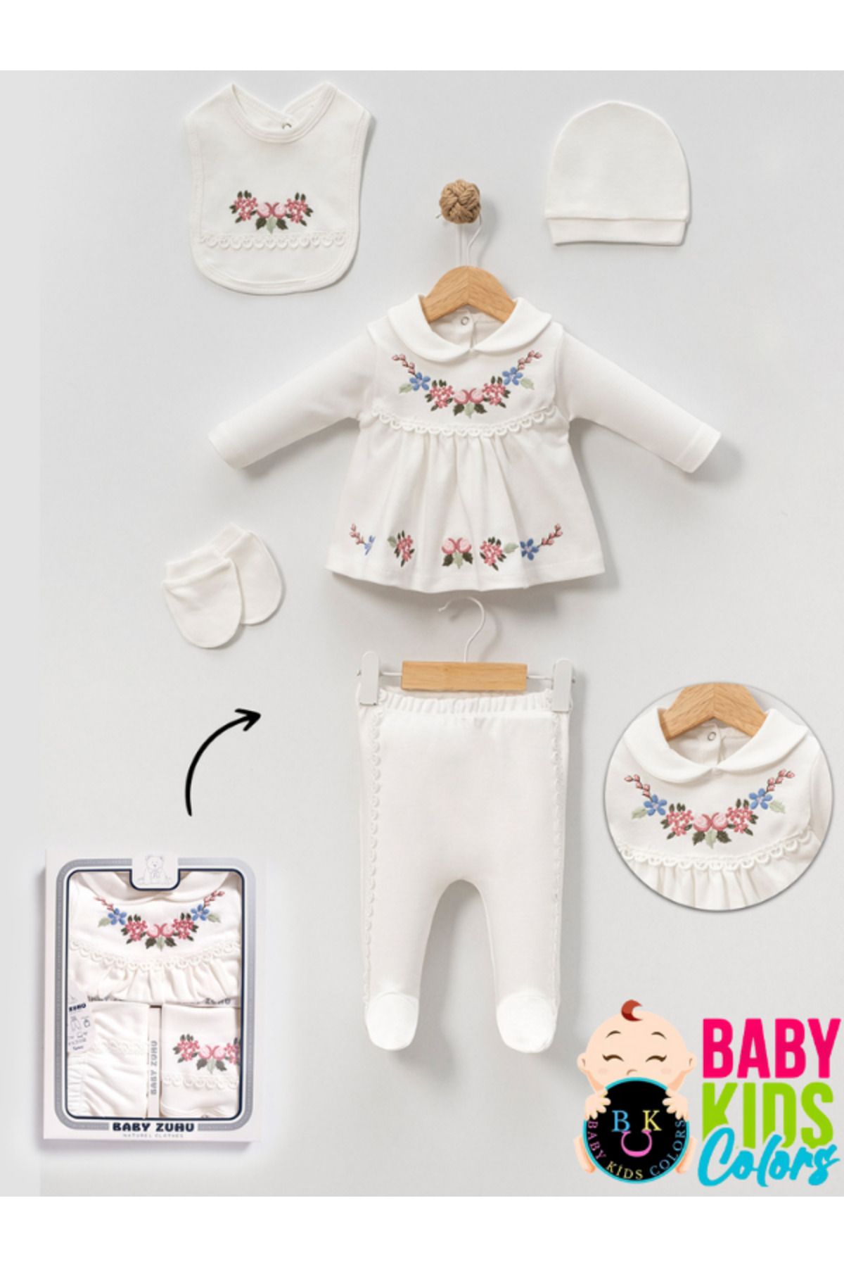baby kids colors Kutulu- Bebek yaka Yenidoğan Kıyafetleri 5'lİ Hastane Çıkış Setleri Nakışlı Penye Zıbın Seti