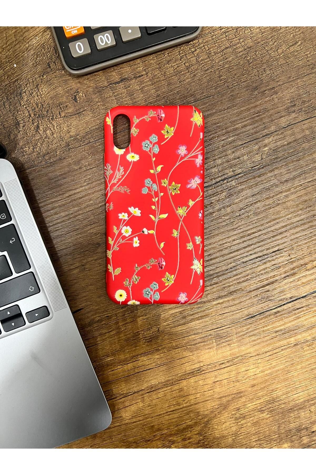 HZR Iphone XS Çiçek Desenli Mor Kırmızı Kılıf