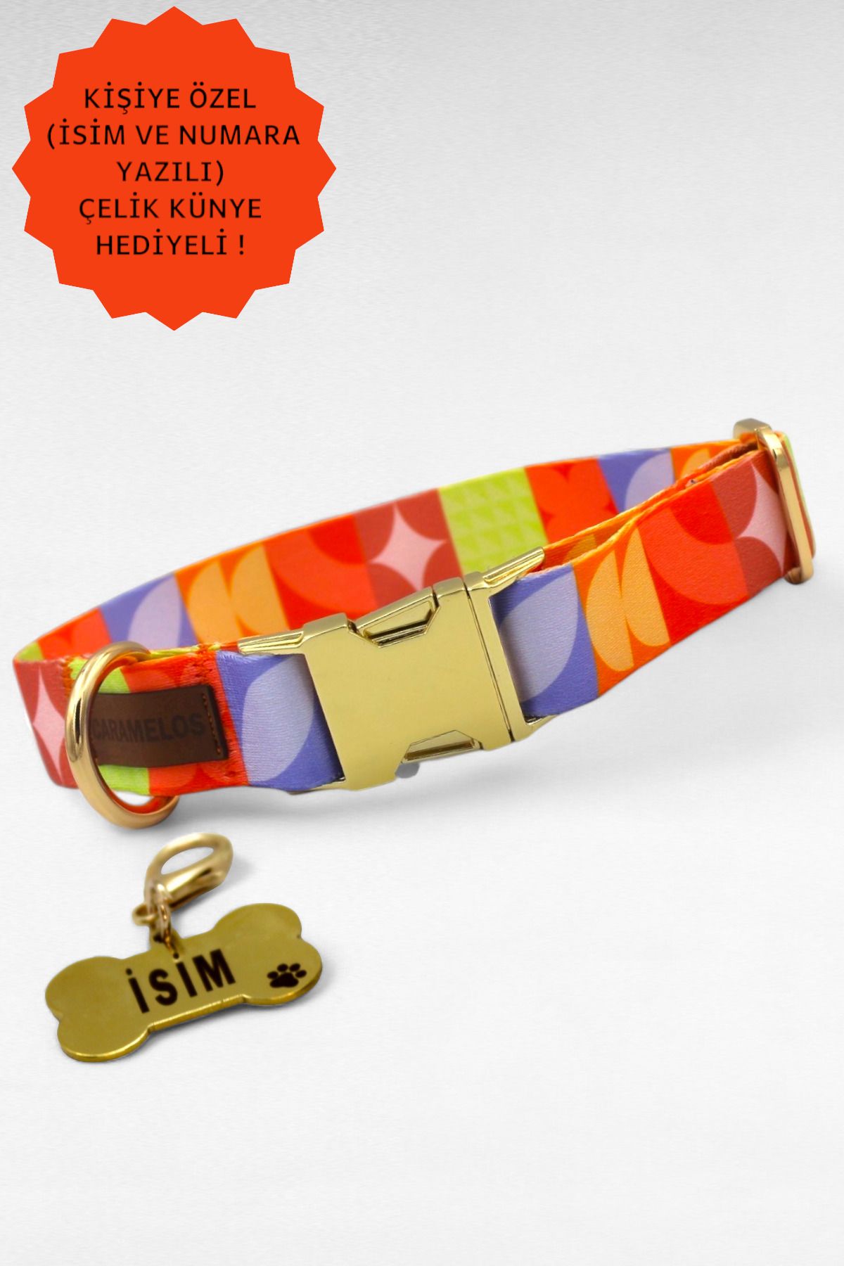 CARAMELOS İSİMLİ KÖPEK TASMASI, KÖPEK KÜNYESİ, KÖPEK İSİMLİK, BÜYÜK IRK TASMA, METAL KİLİTLİ TASMA,KÖPEK TASMA