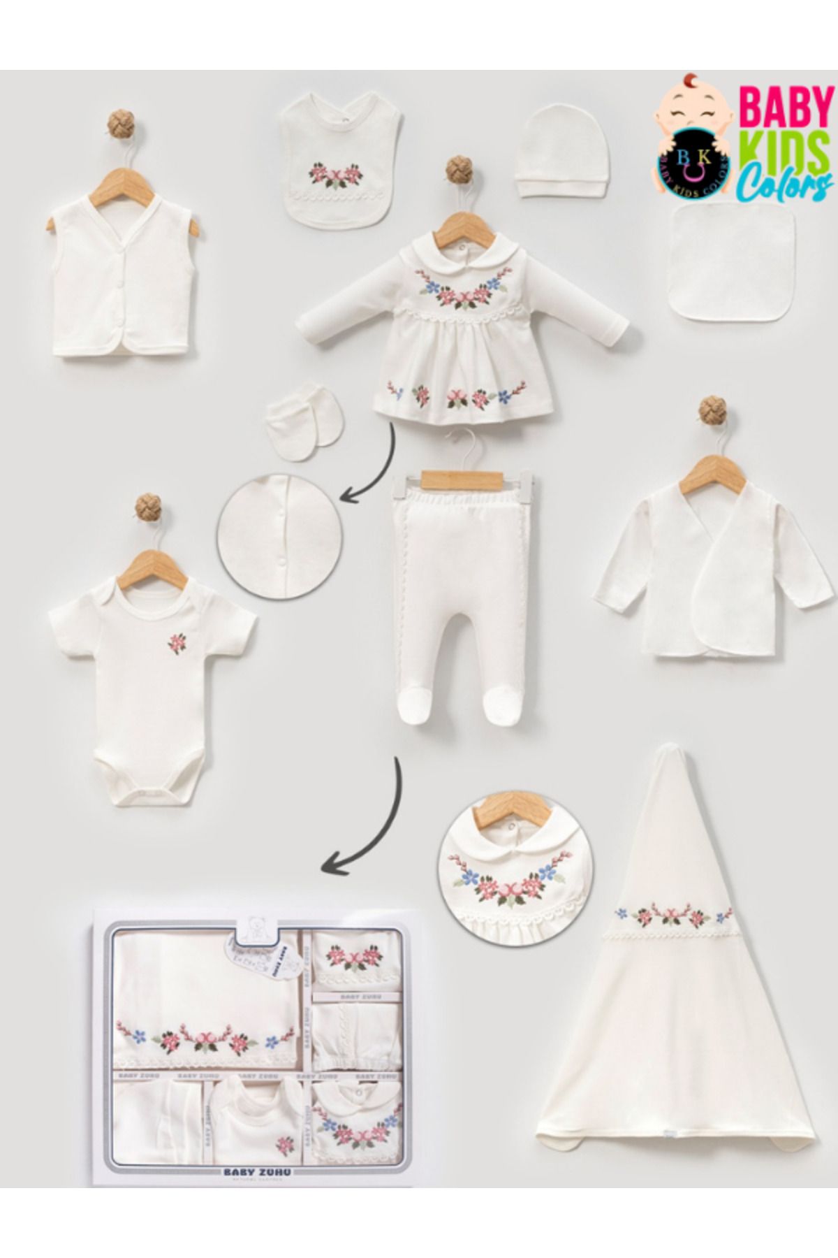 baby kids colors Kutulu- Bebek yaka Yenidoğan Kıyafetleri 10'lu Hastane Çıkış Setleri Nakışlı Penye Zıbın Seti