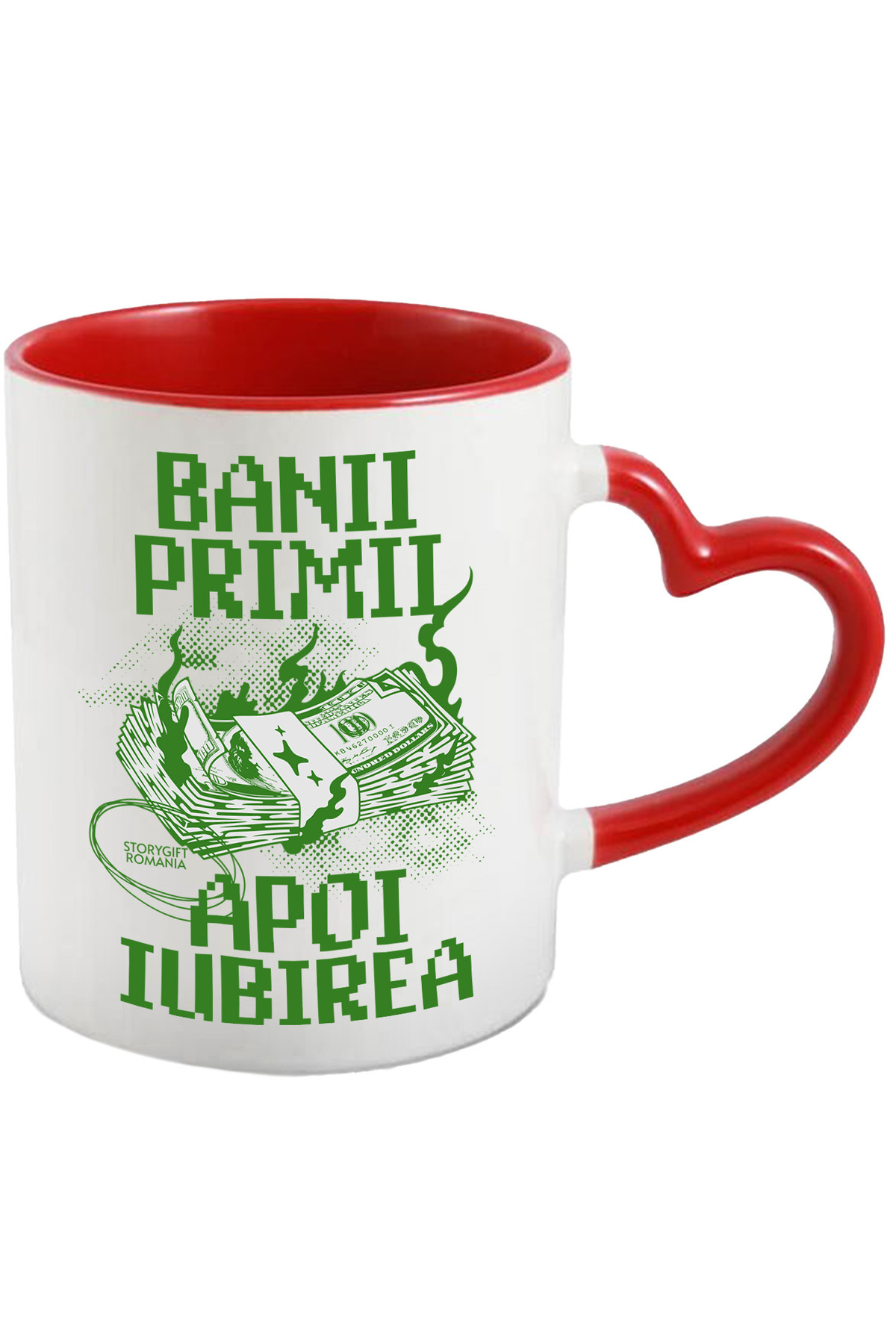 StoryGift Romania Cana Banii Primii Apoi Iubirea Lume Moderna Avere , 330ml, Ceramica Cu Maner Ini, Cu Maner Inim Stg - One Size