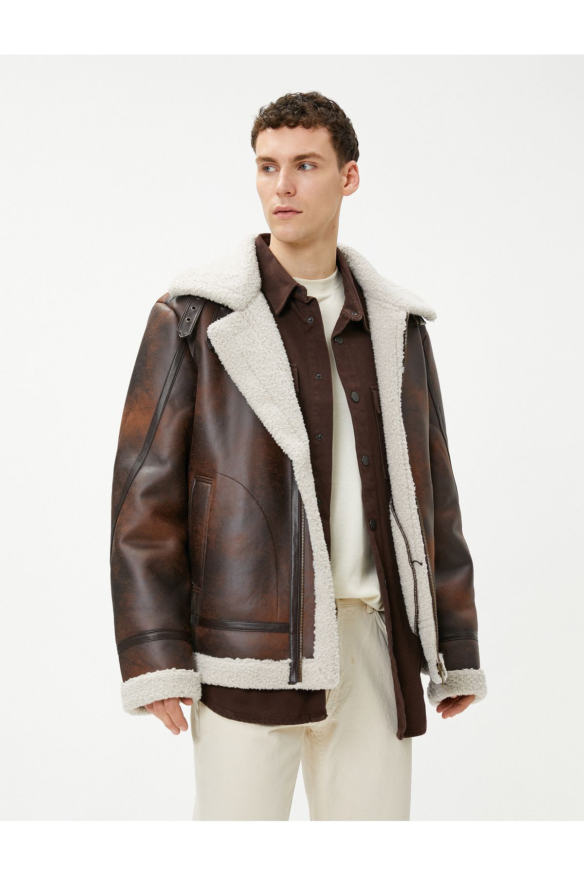 Koton-Leather Look Jacket with Abstract Detail and Plush Inside Zipper Pocket 1